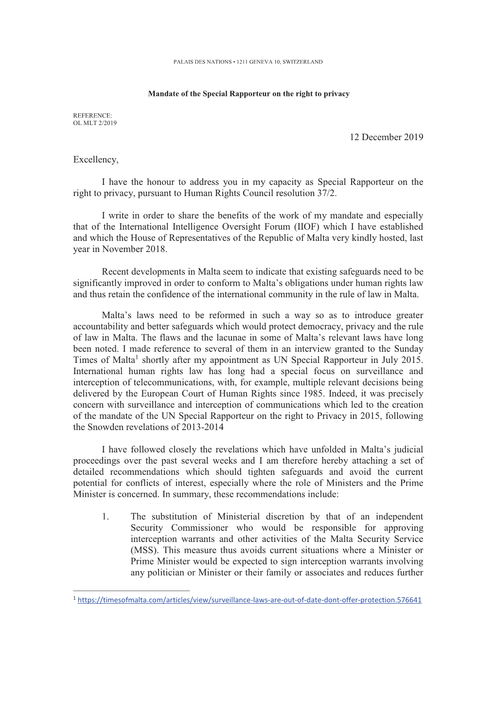 12 December 2019 Excellency, I Have the Honour to Address You in My Capacity As Special Rapporteur on the Right to Privacy, Purs