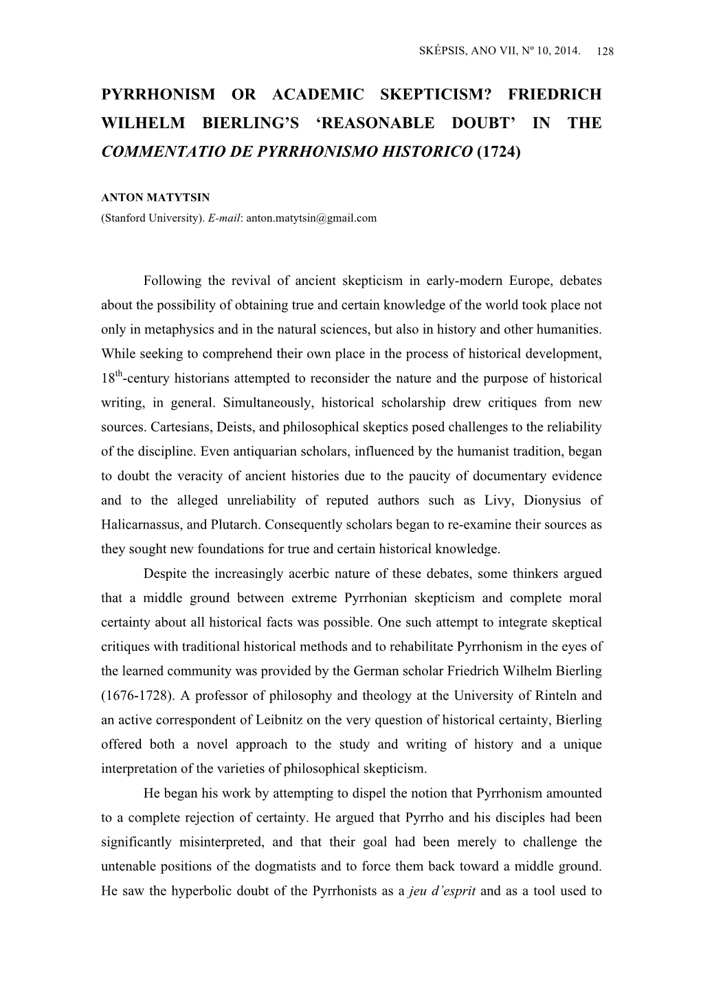 Pyrrhonism Or Academic Skepticism? Friedrich Wilhelm Bierling's