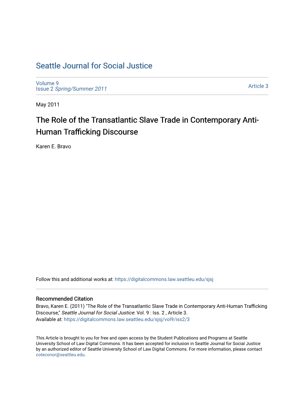 The Role of the Transatlantic Slave Trade in Contemporary Anti-Human Trafficking Discourse,