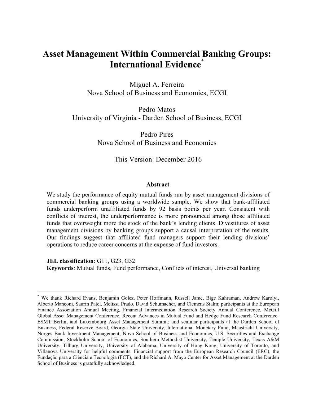 Asset Management Within Commercial Banking Groups: International Evidence*