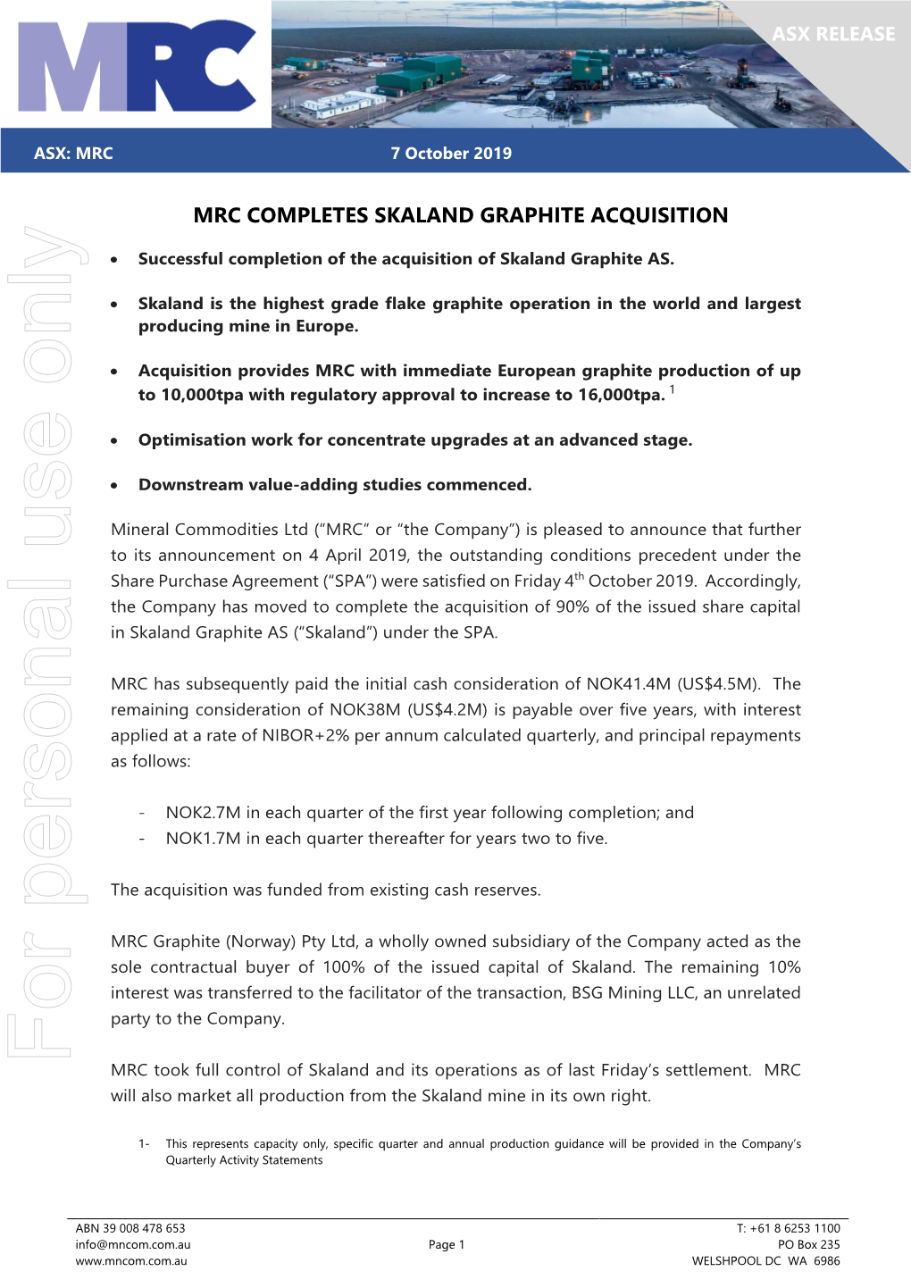 Mrc Completes Skaland Graphite Acquisition