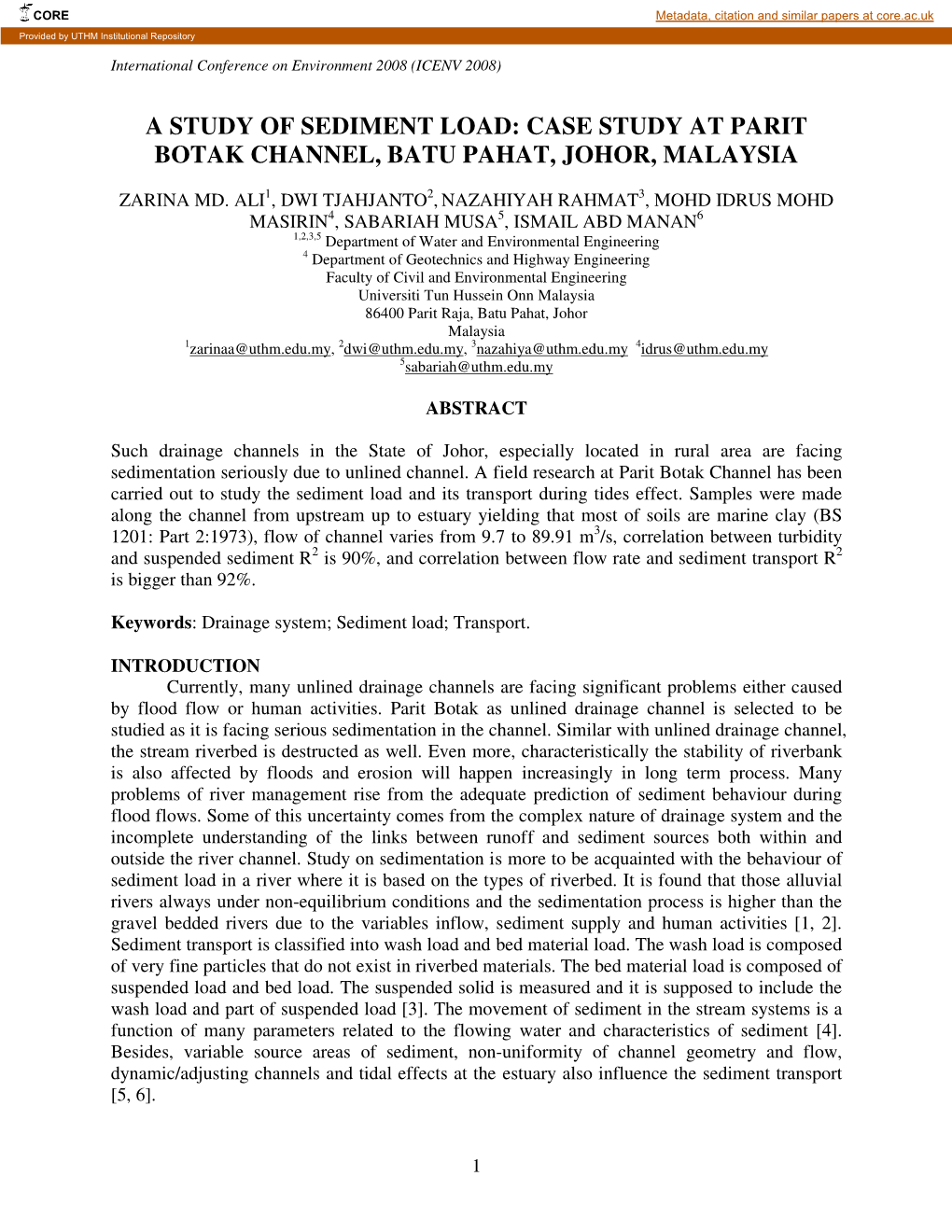 A Study of Sediment Load: Case Study at Parit Botak Channel, Batu Pahat, Johor, Malaysia