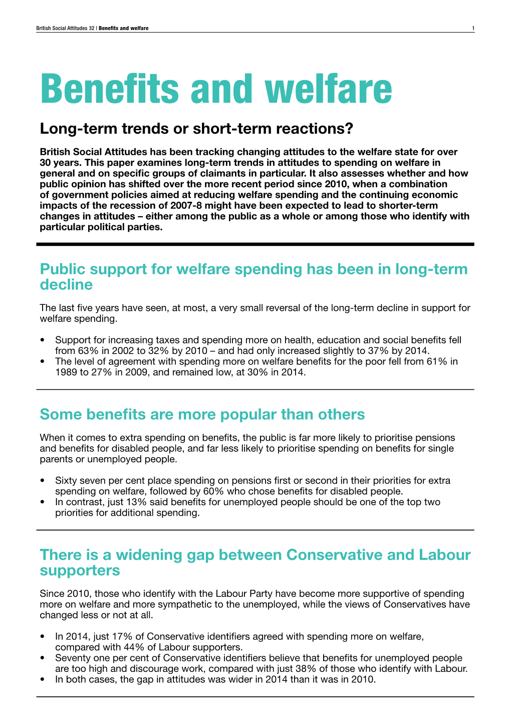 Benefits and Welfare 1 Benefits and Welfare Long-Term Trends Or Short-Term Reactions?