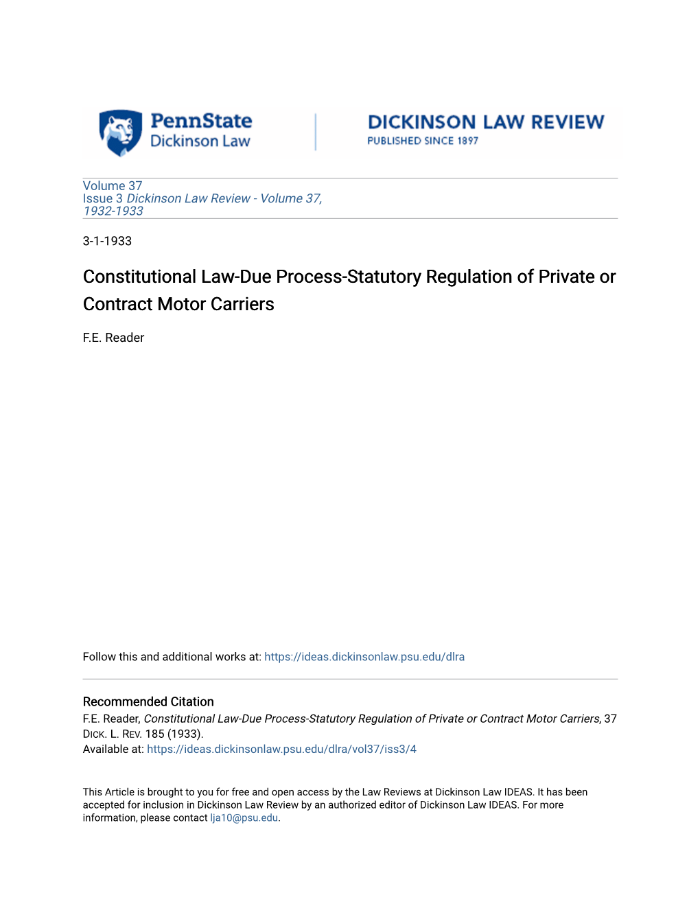 Constitutional Law-Due Process-Statutory Regulation of Private Or Contract Motor Carriers