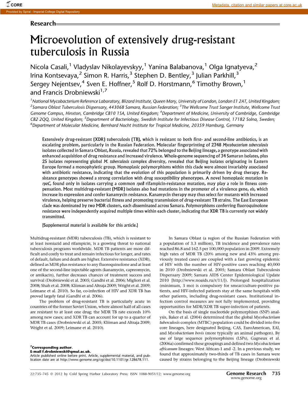 Microevolution of Extensively Drug-Resistant Tuberculosis in Russia