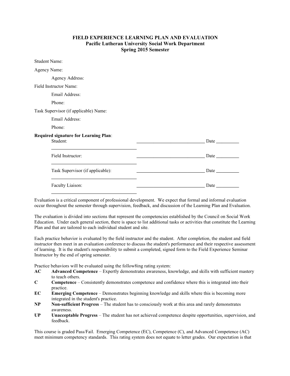 Field Experience Learning Plan and Evaluation