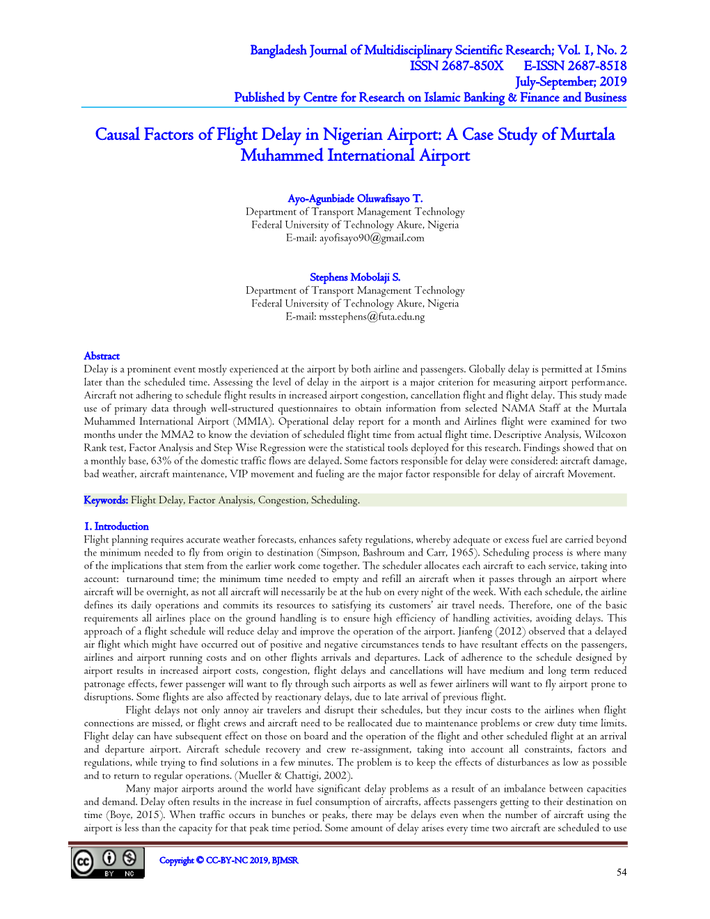 Causal Factors of Flight Delay in Nigerian Airport: a Case Study of Murtala Muhammed International Airport