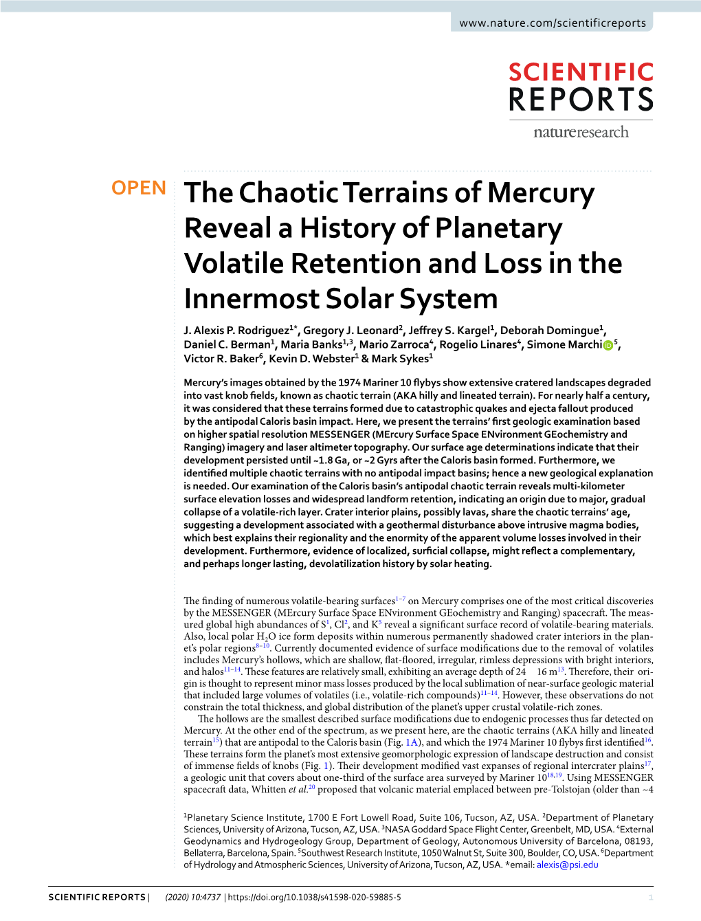 The Chaotic Terrains of Mercury Reveal a History of Planetary Volatile Retention and Loss in the Innermost Solar System J