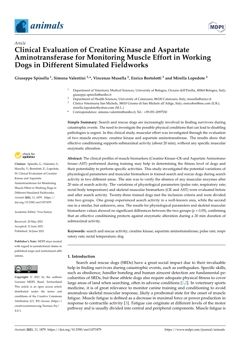 Clinical Evaluation of Creatine Kinase and Aspartate Aminotransferase for Monitoring Muscle Effort in Working Dogs in Different Simulated Fieldworks