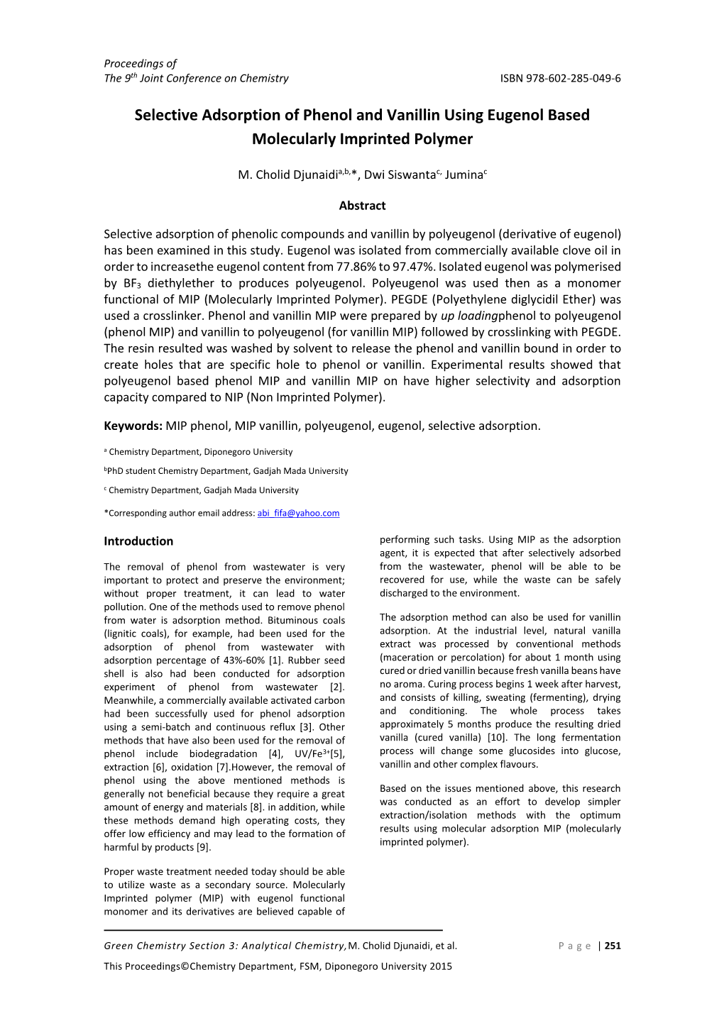 Selective Adsorption of Phenol and Vanillin Using Eugenol Based Molecularly Imprinted Polymer