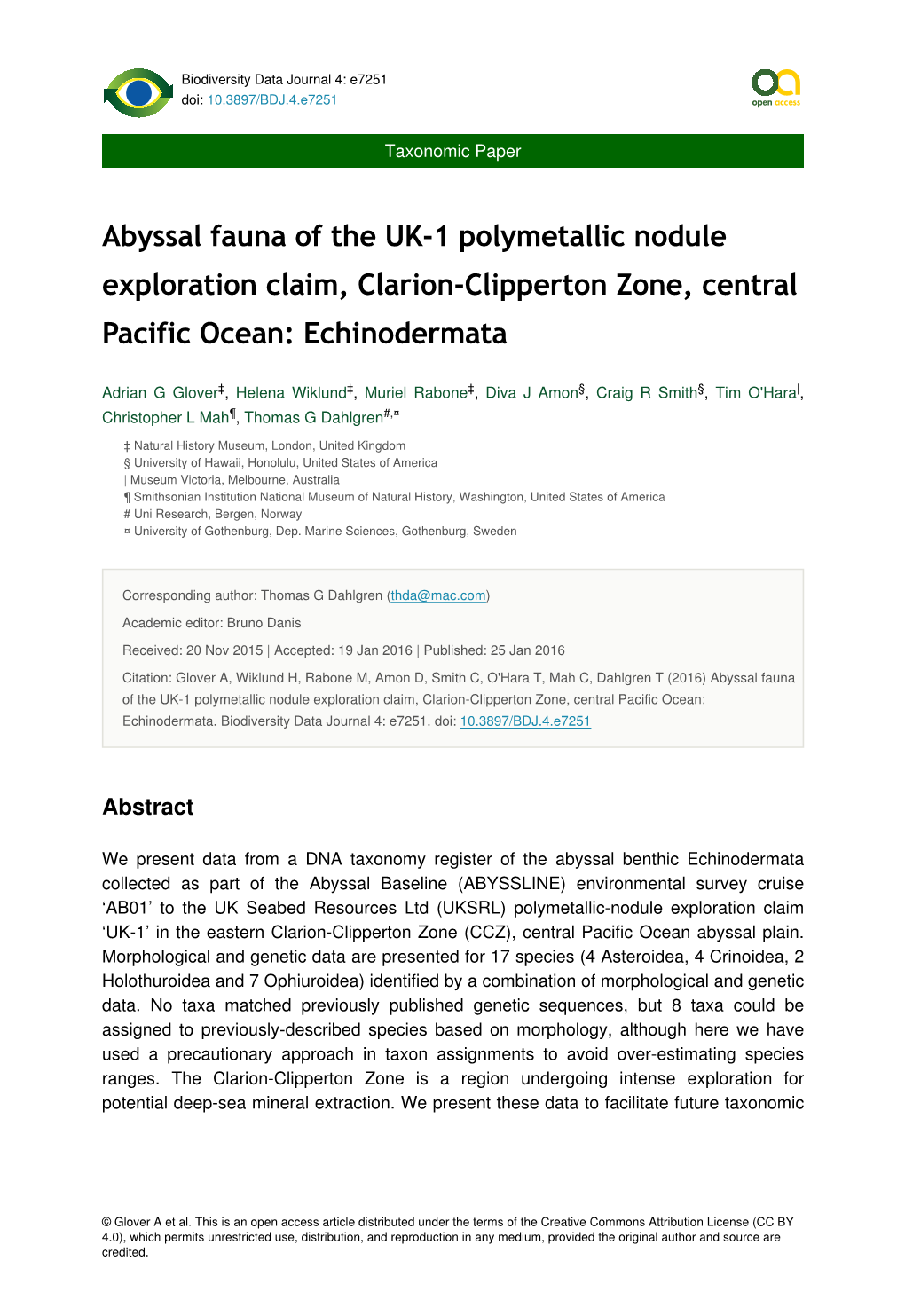 Abyssal Fauna of the UK-1 Polymetallic Nodule Exploration Claim, Clarion-Clipperton Zone, Central Pacific Ocean: Echinodermata