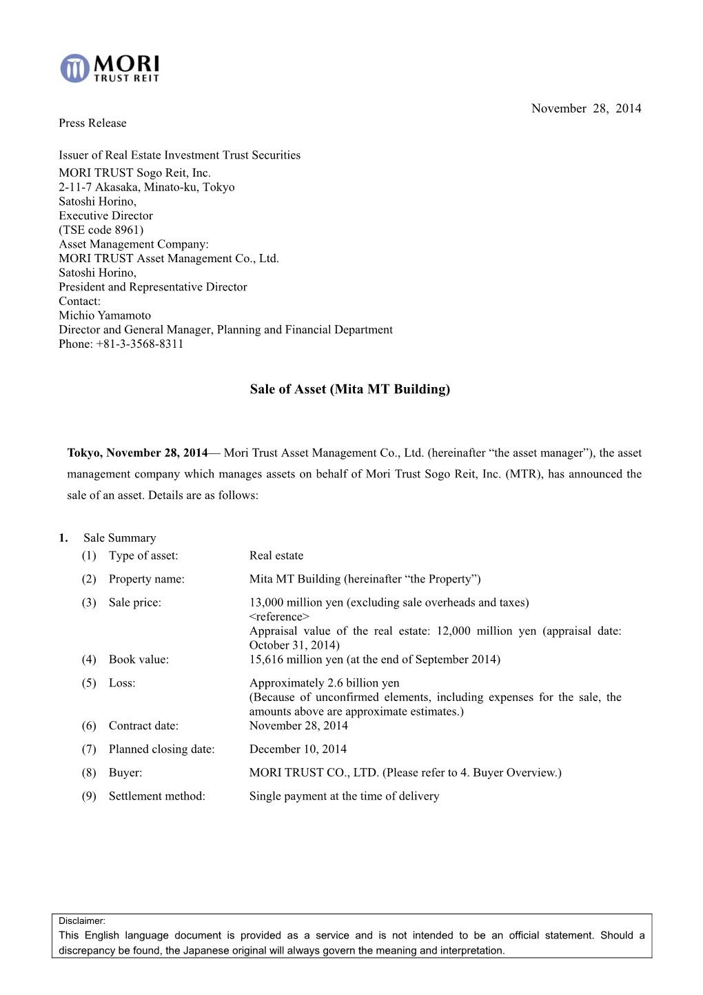 Sale of Asset (Mita MT Building)