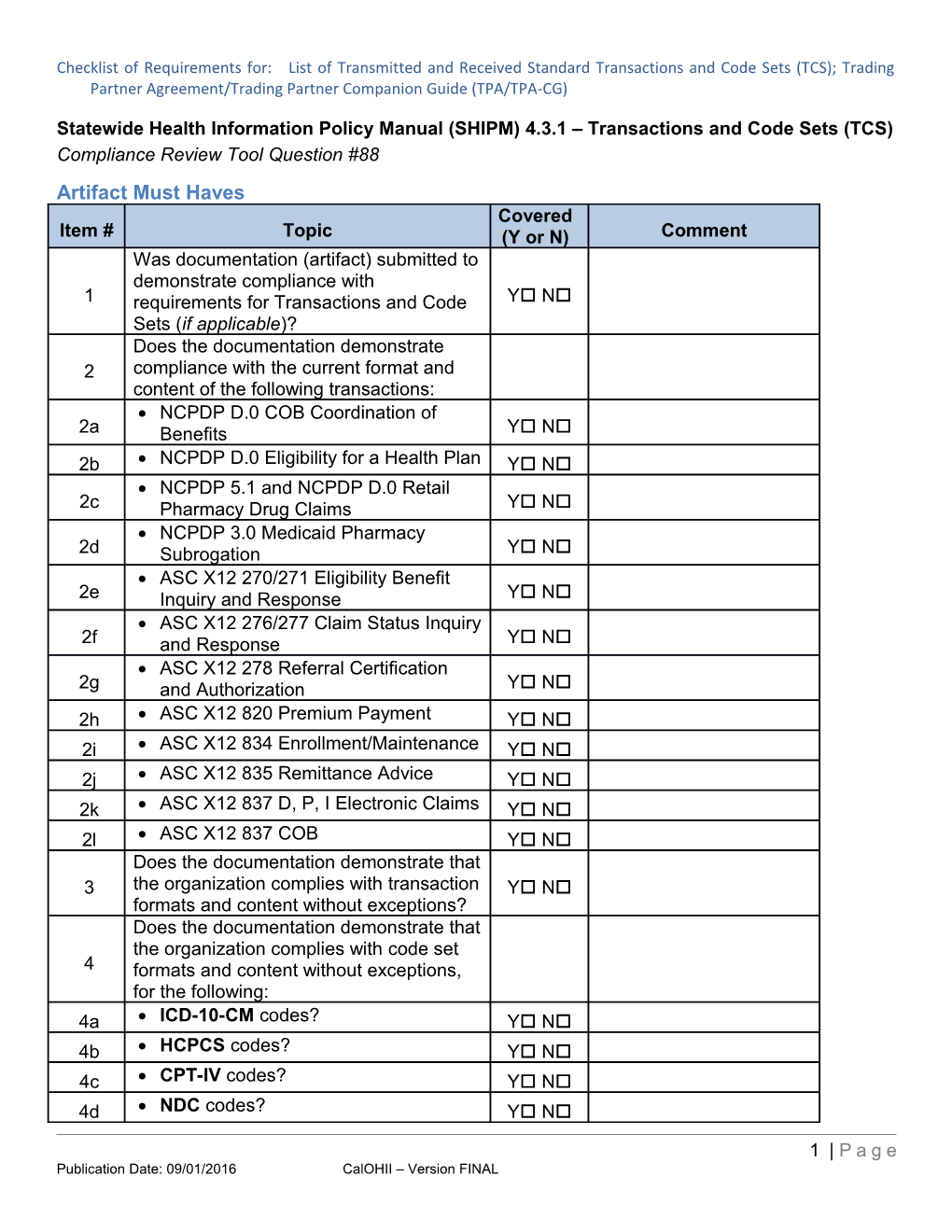 Statewide Health Information Policy Manual (SHIPM) 4.3.1 Transactions and Code Sets (TCS)