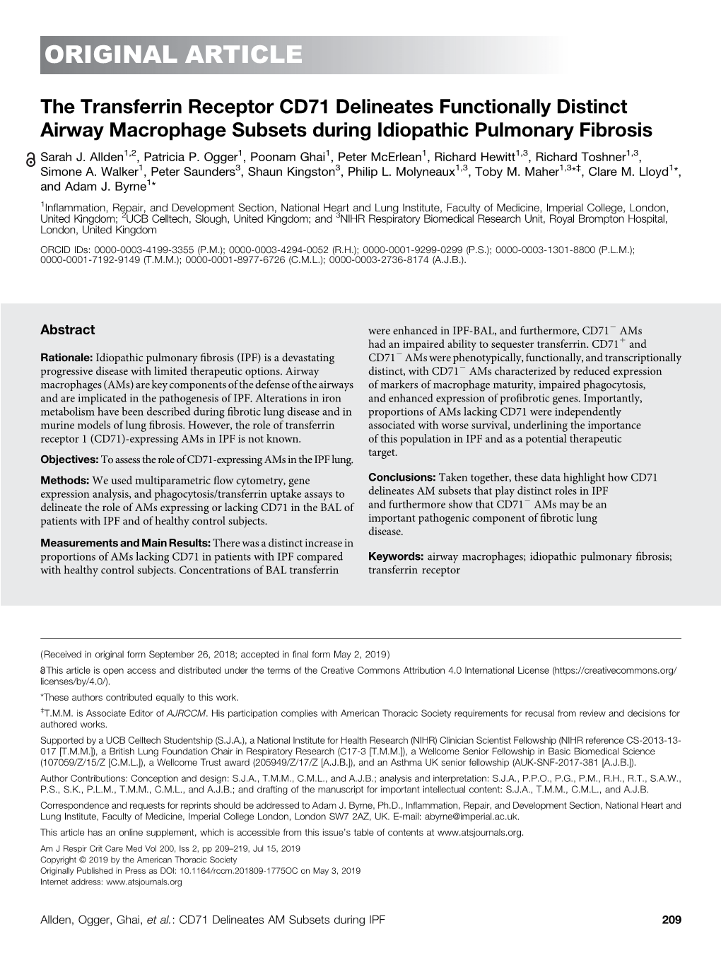 The Transferrin Receptor CD71 Delineates Functionally Distinct Airway Macrophage Subsets During Idiopathic Pulmonary Fibrosis Sarah J