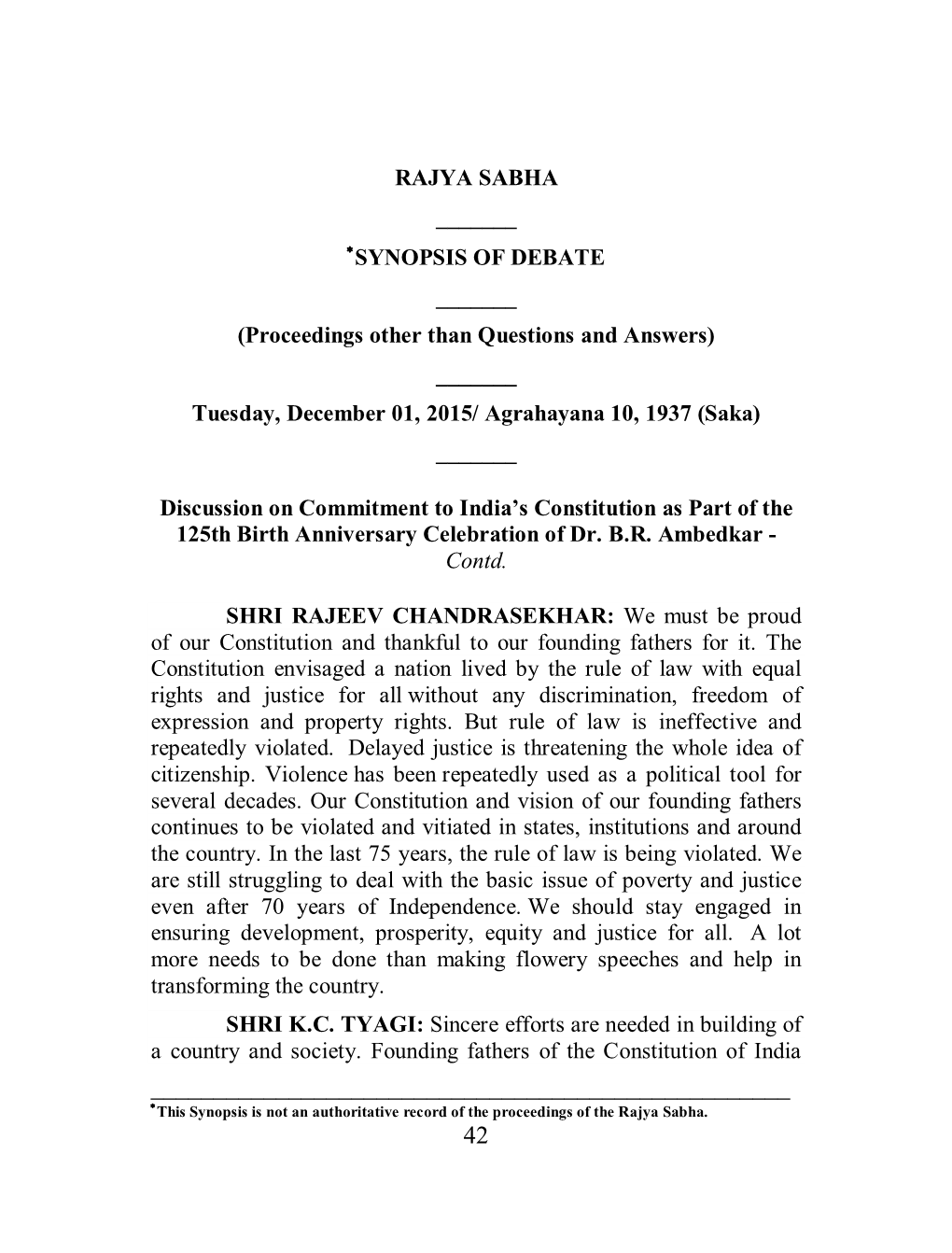 SYNOPSIS of DEBATE ______(Proceedings Other Than Questions and Answers) ______Tuesday, December 01, 2015/ Agrahayana 10, 1937 (Saka) ______