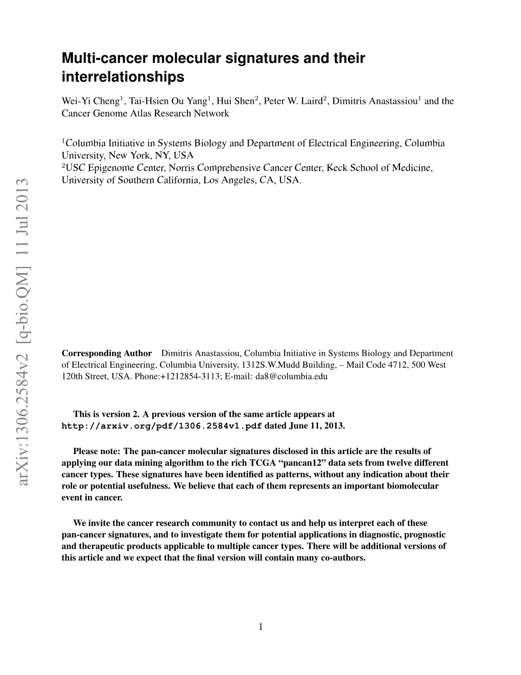 Multi-Cancer Molecular Signatures and Their Interrelationships