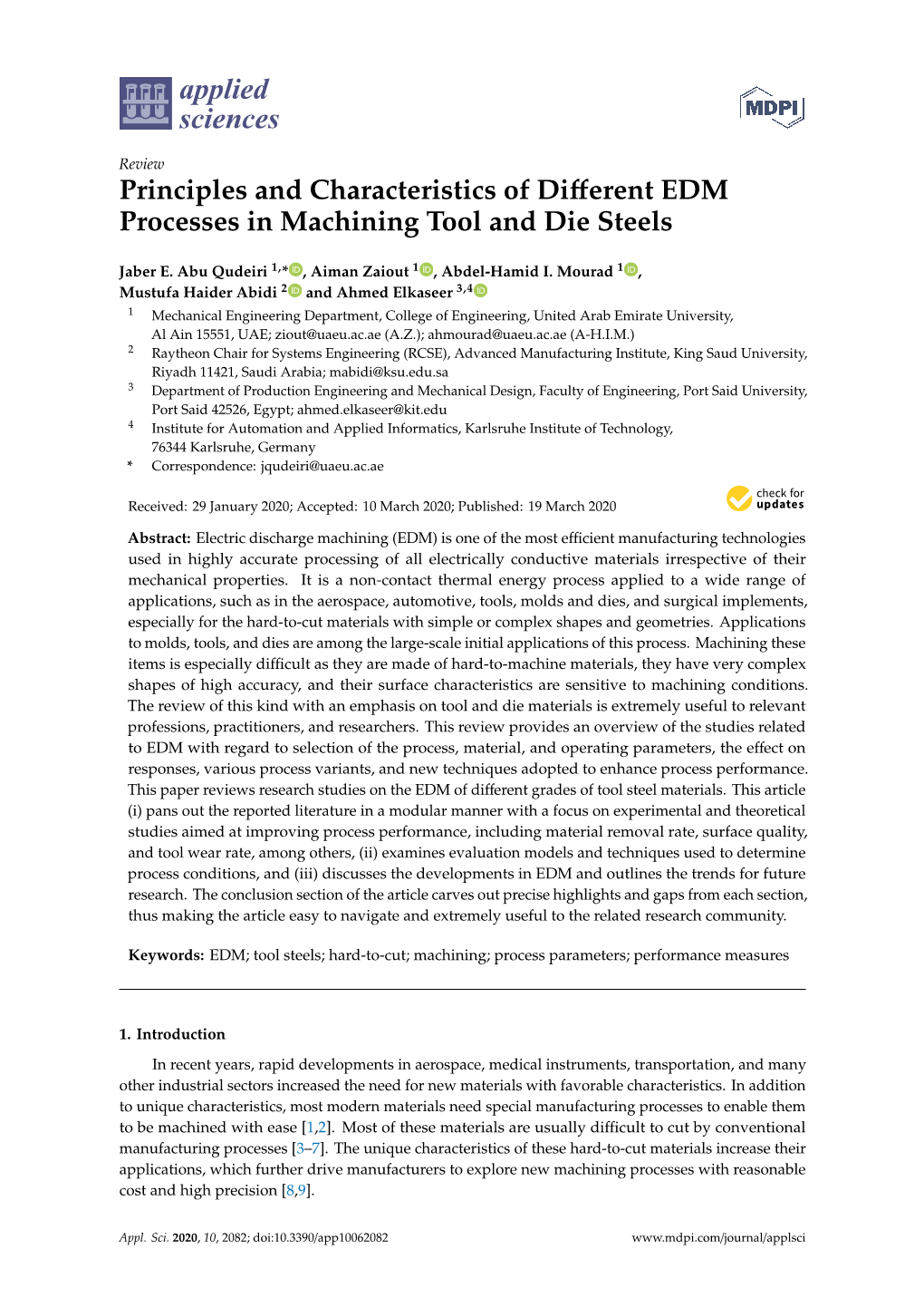 Principles and Characteristics of Different EDM Processes in Machining Tool and Die Steels