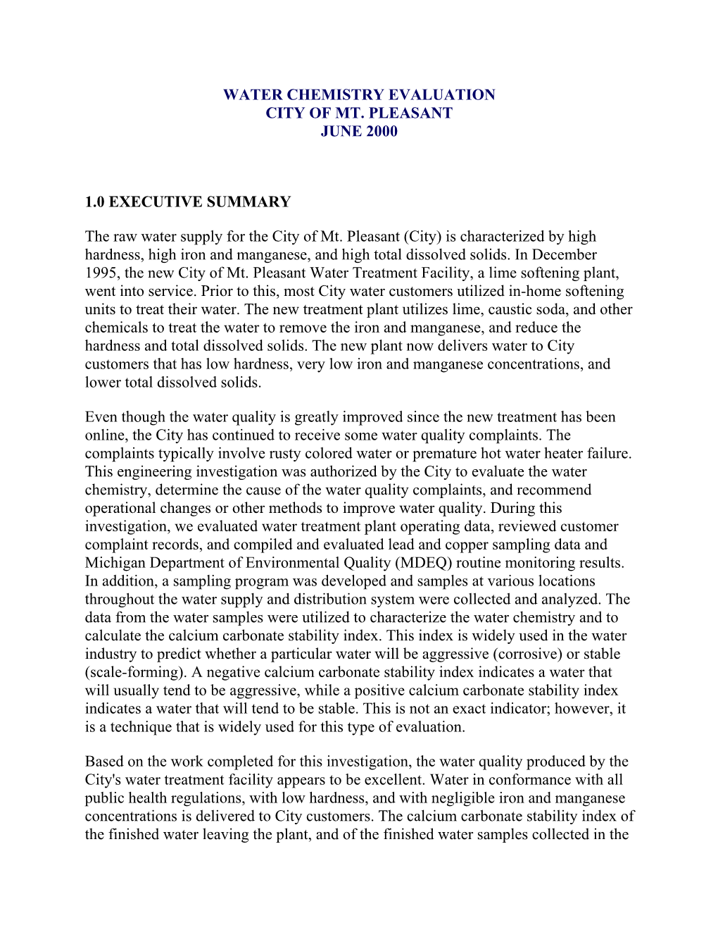 Water Chemistry Evaluation City of Mt. Pleasant June 2000