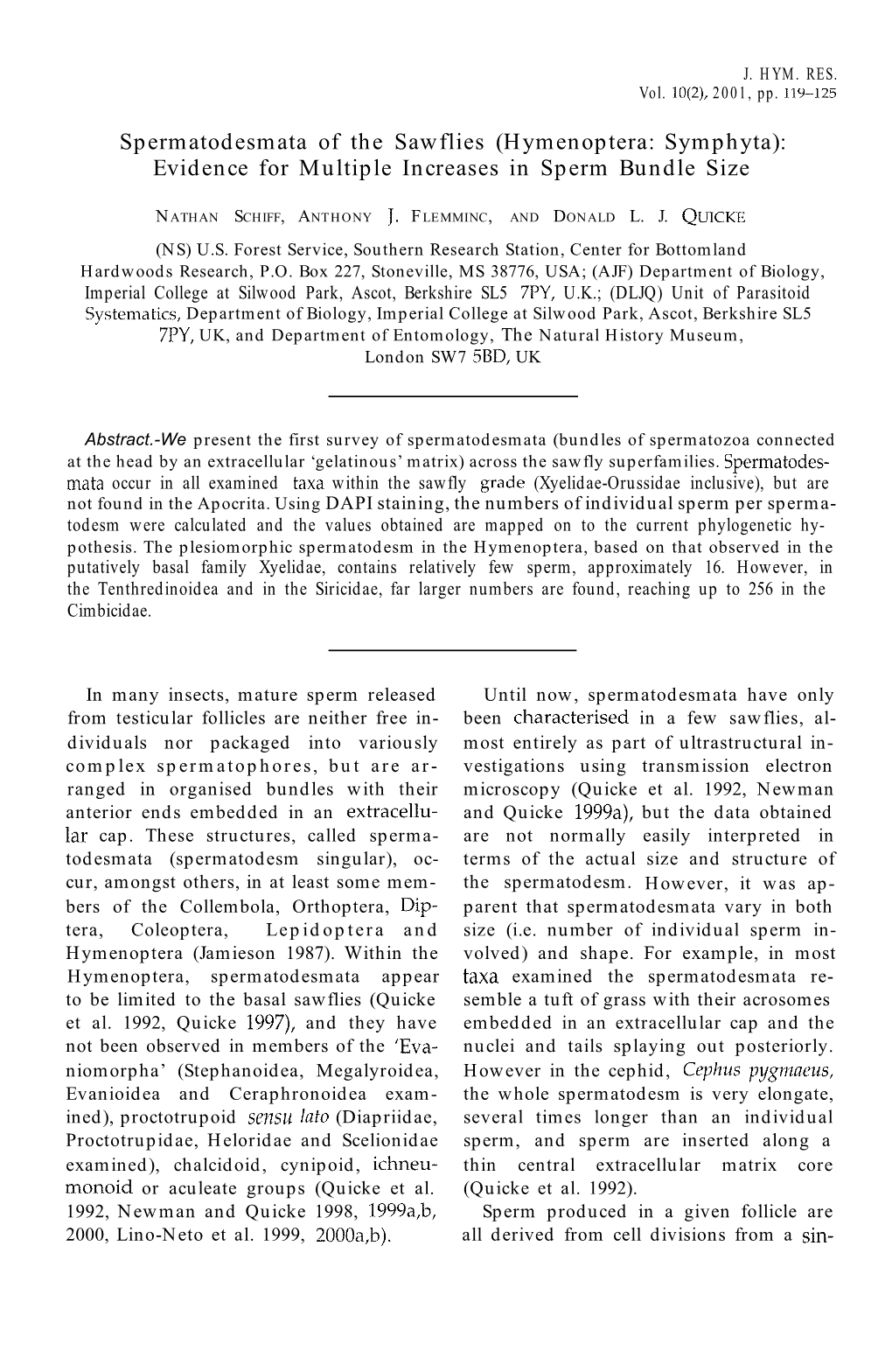 Hymenoptera: Symphyta): Evidence for Multiple Increases in Sperm Bundle Size