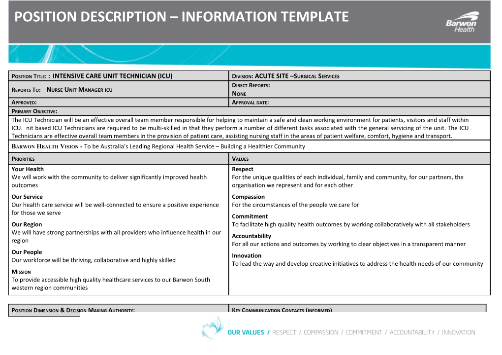 Position Title: : Intensive Care Unit Technician (Icu)