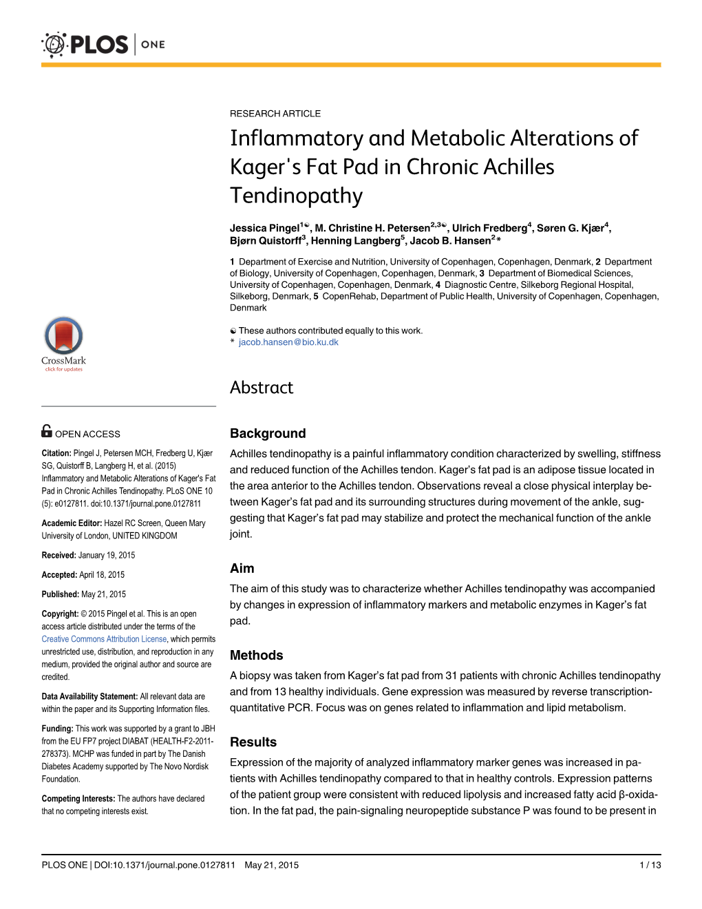 Inflammatory and Metabolic Alterations of Kager's Fat Pad in Chronic Achilles Tendinopathy