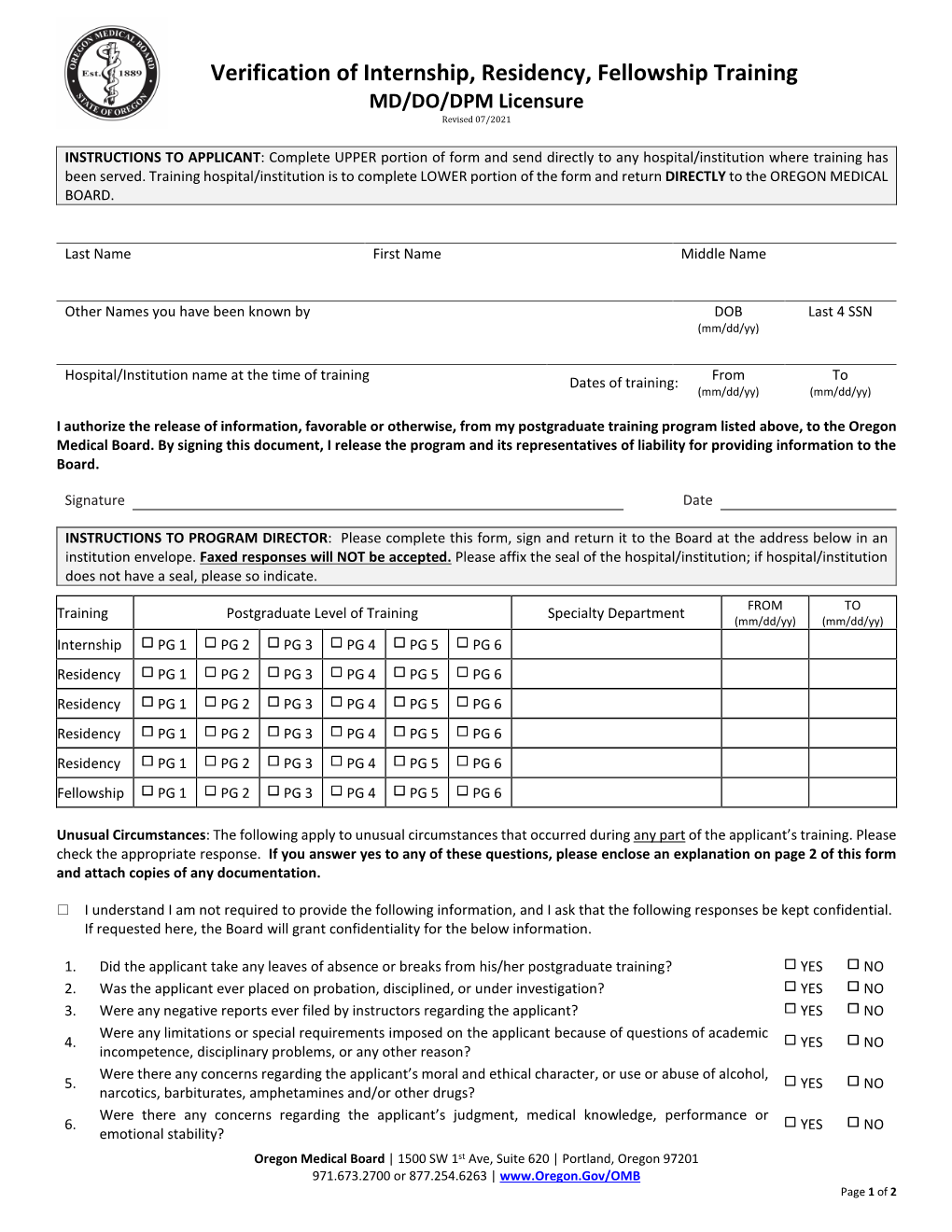 Verification of Internship, Residency, Fellowship Training MD/DO/DPM Licensure Revised 07/2021