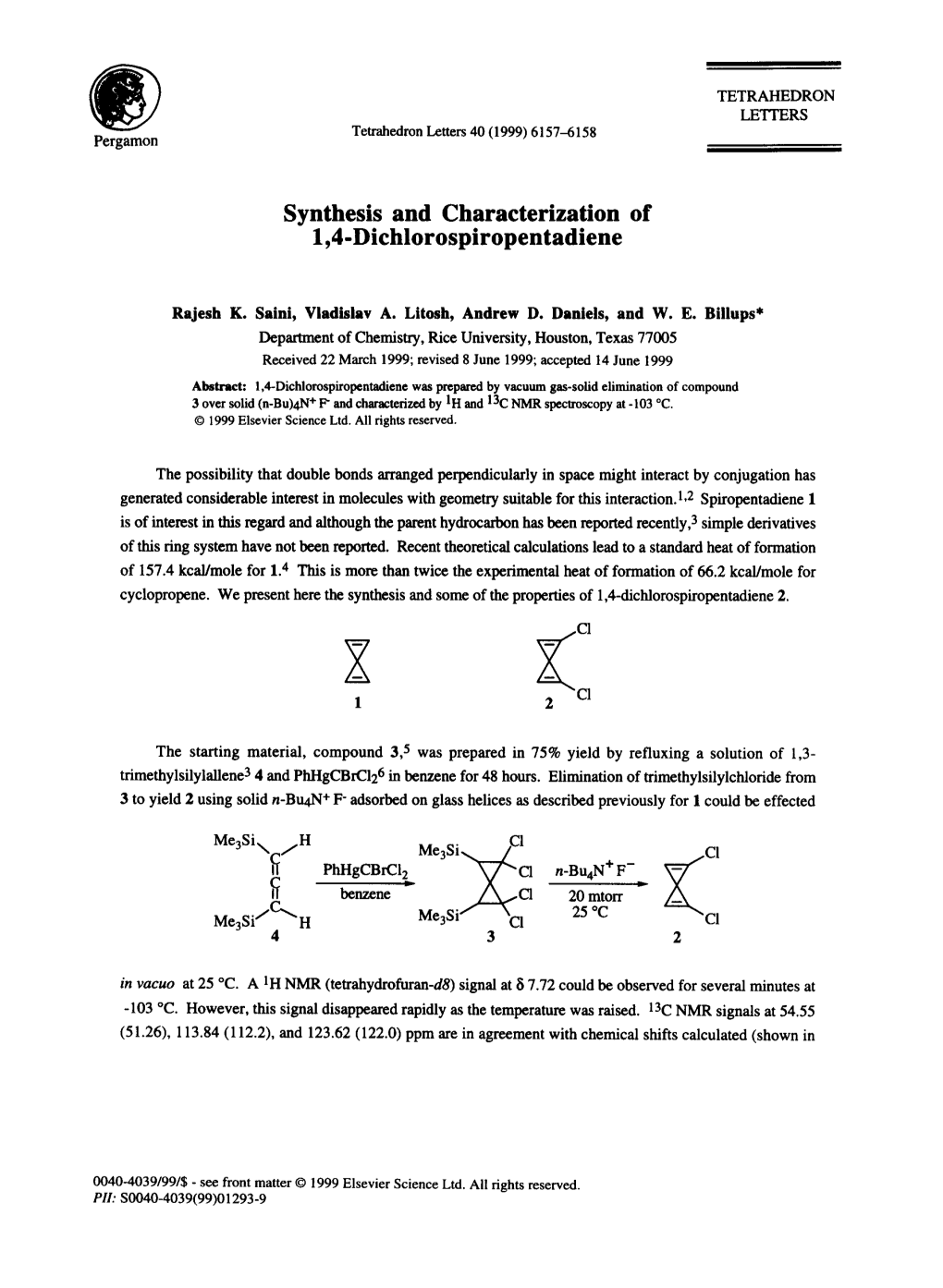 Synthesis and Characterization of 1,4-Dichlorospiropentadiene