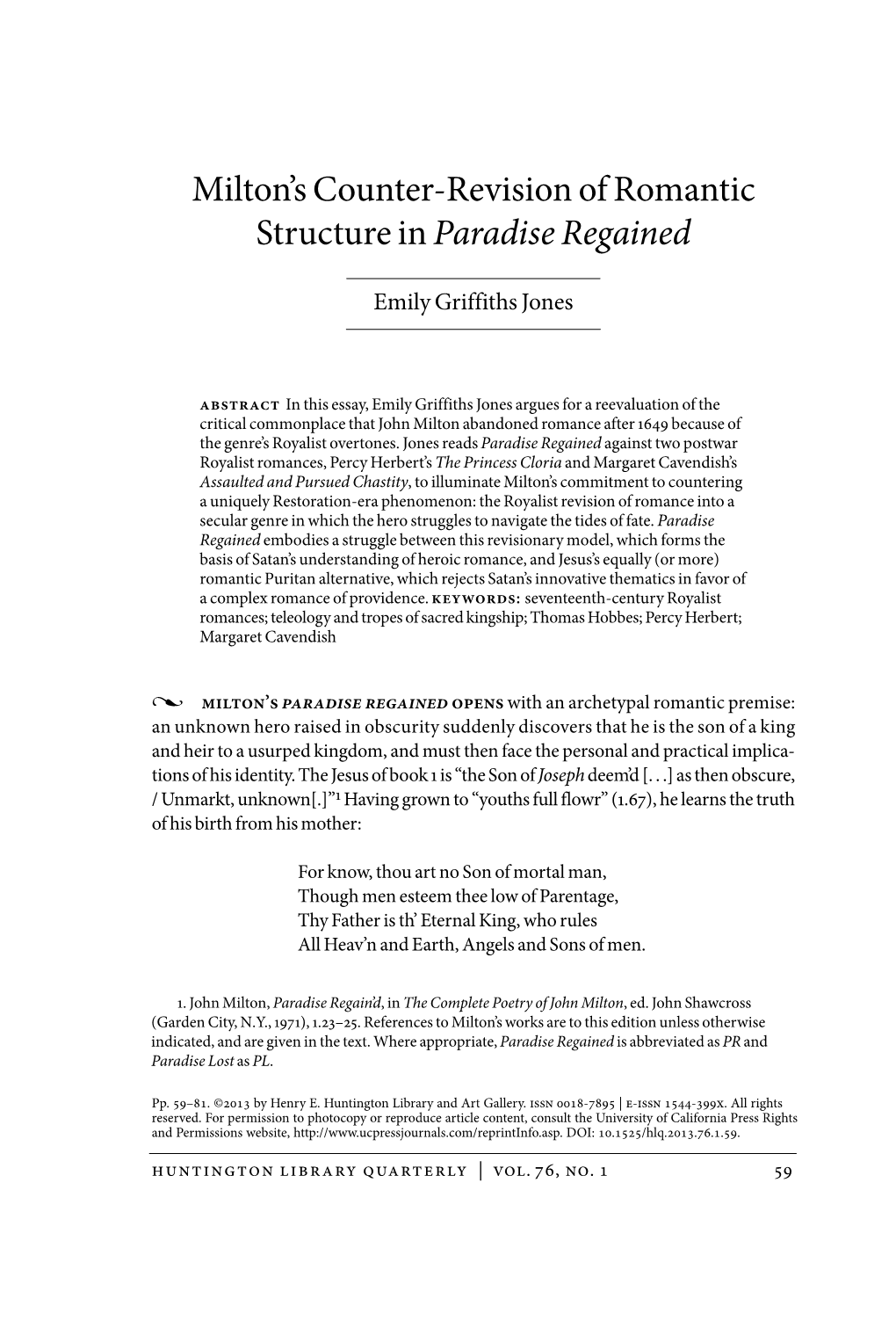 Milton's Counter-Revision of Romantic Structure in Paradise Regained