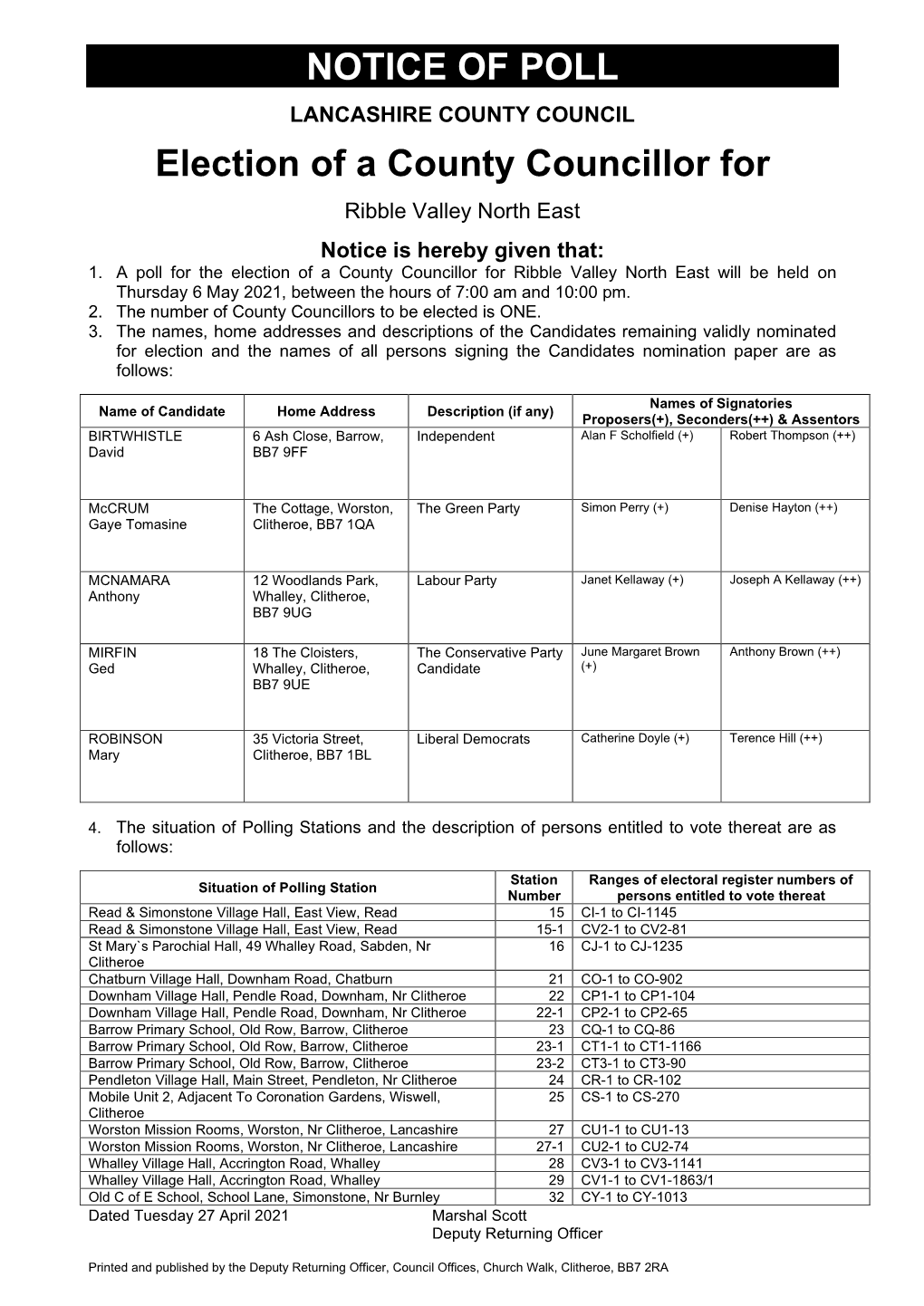 NOTICE of POLL Election of a County Councillor