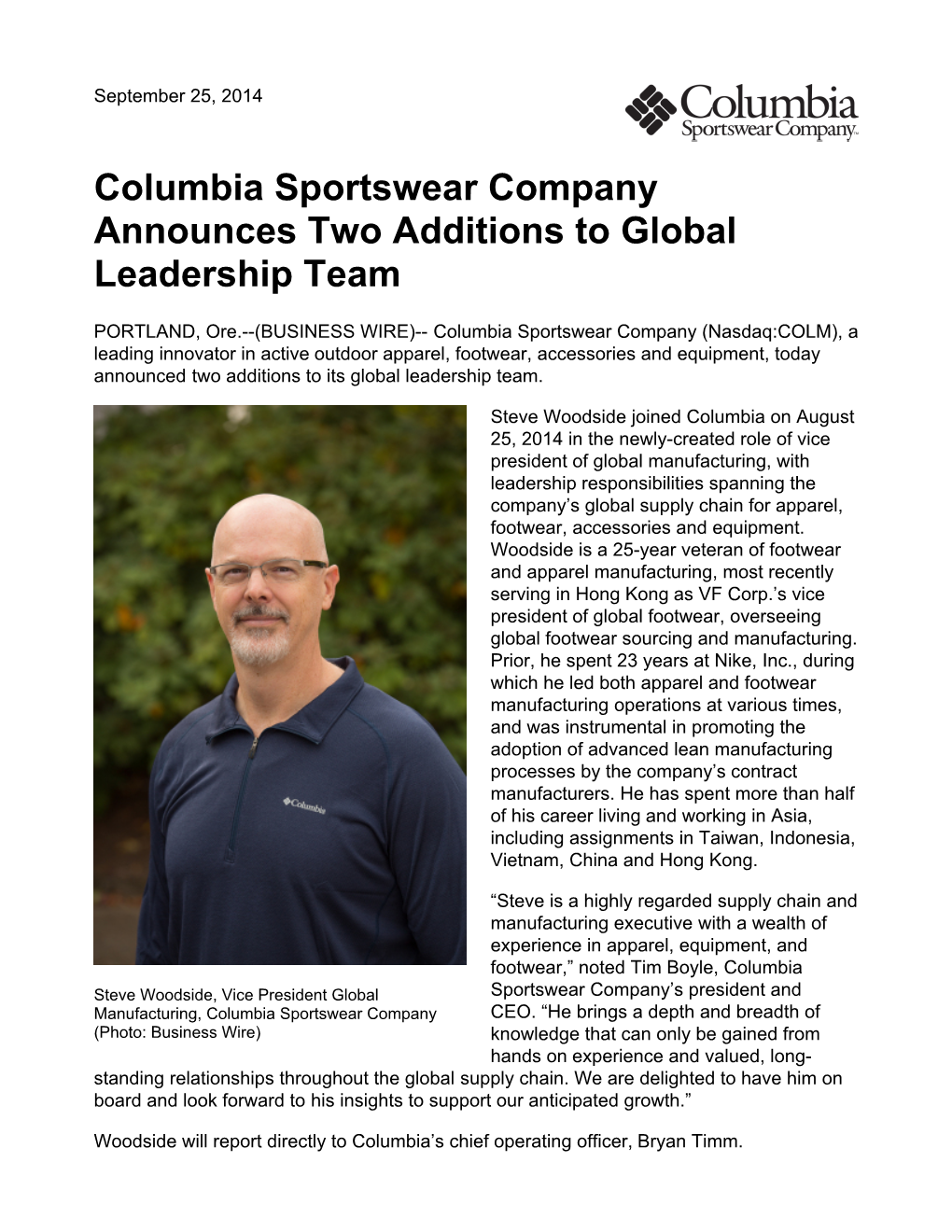Columbia Sportswear Company Announces Two Additions to Global Leadership Team