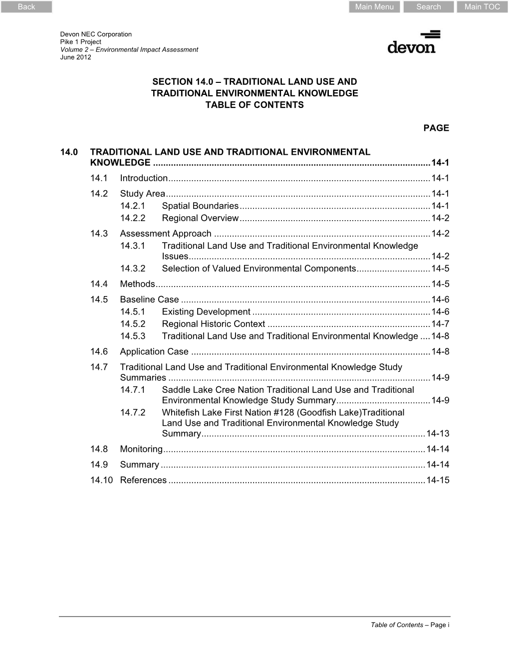 Traditional Land Use and Traditional Environmental Knowledge Table of Contents