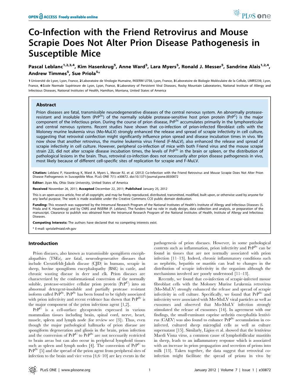 Co-Infection with the Friend Retrovirus and Mouse Scrapie Does Not Alter Prion Disease Pathogenesis in Susceptible Mice