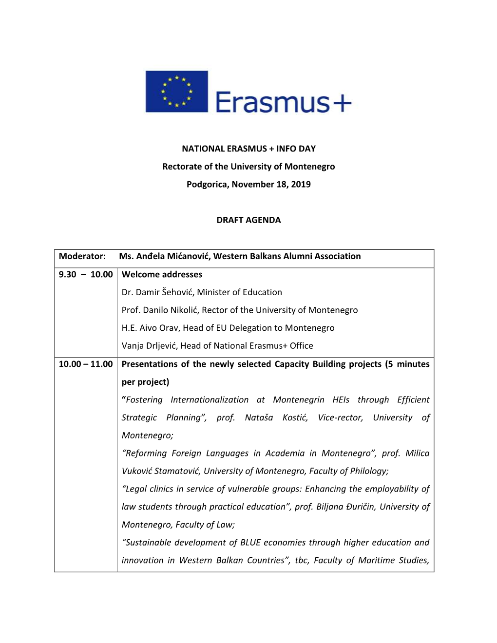 NATIONAL ERASMUS + INFO DAY Rectorate of the University of Montenegro Podgorica, November 18, 2019 DRAFT AGENDA Moderator: M