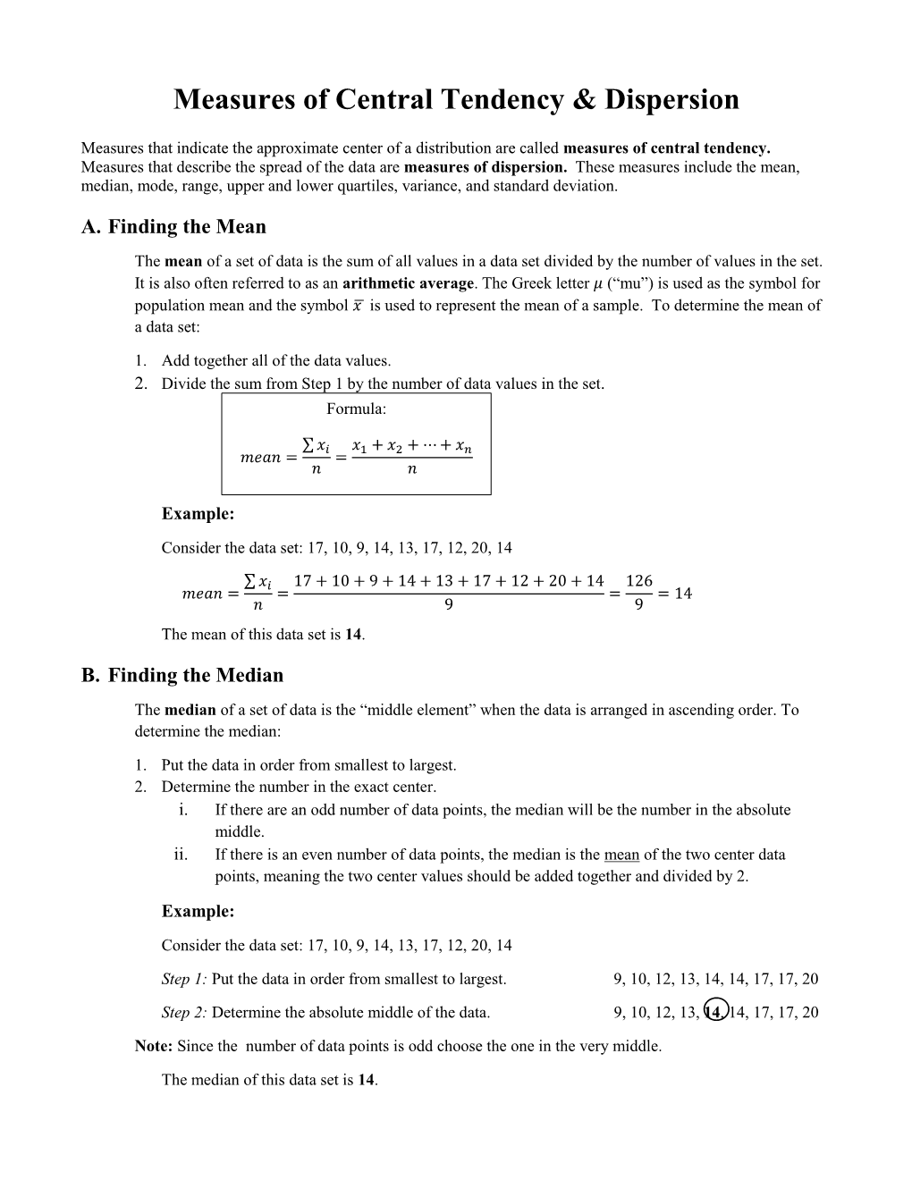 Measures of Central Tendency & Dispersion