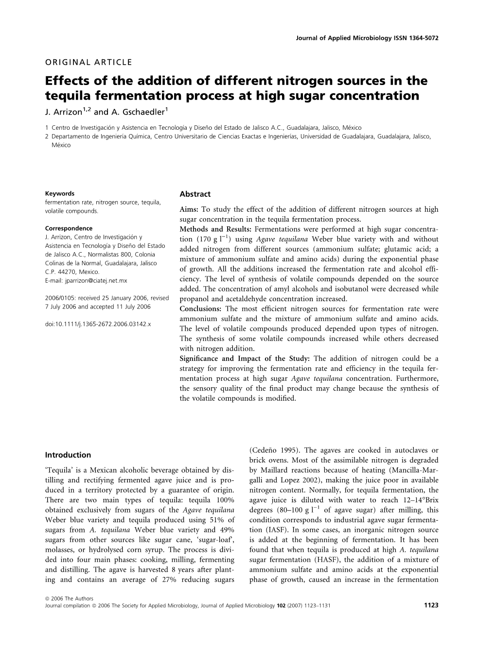 Effects of the Addition of Different Nitrogen Sources in the Tequila Fermentation Process at High Sugar Concentration J