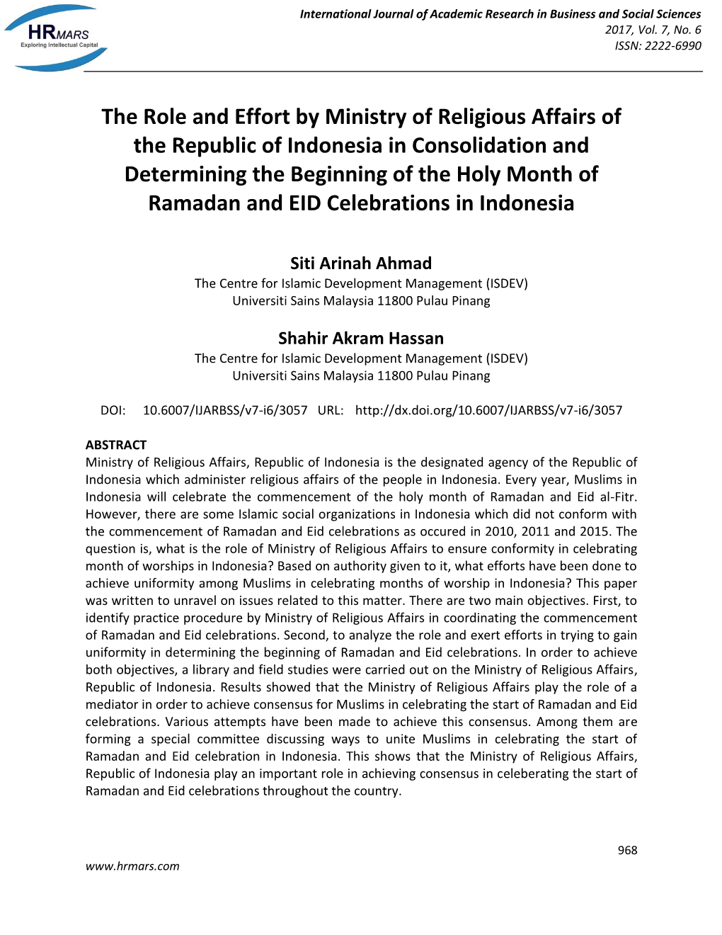 The Role and Effort by Ministry of Religious Affairs of the Republic of Indonesia in Consolidation and Determining the Beginning