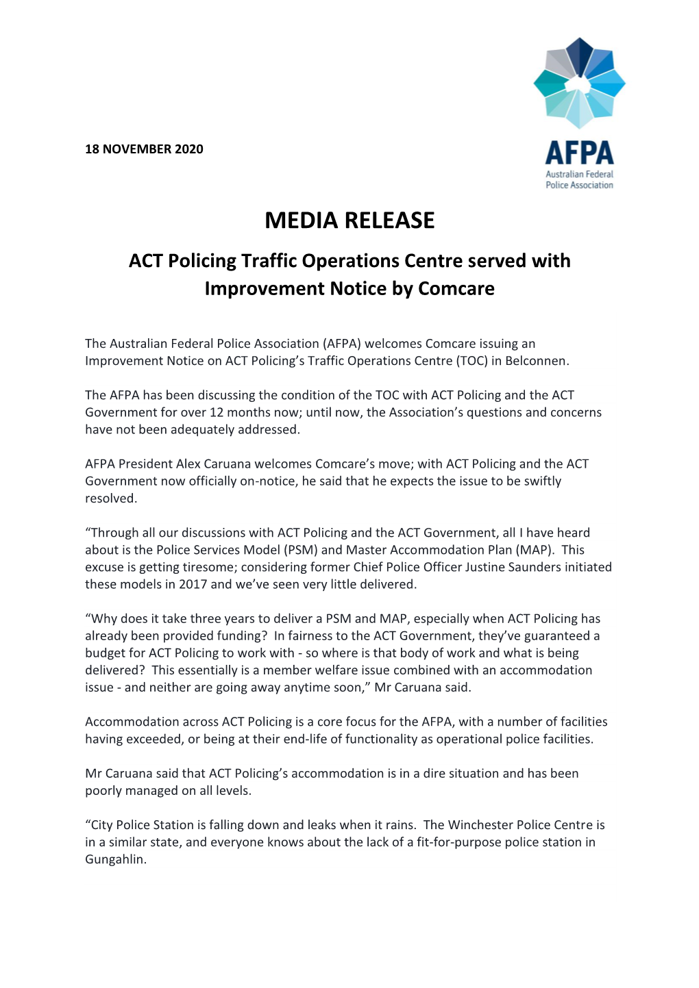 MEDIA RELEASE ACT Policing Traffic Operations Centre Served with Improvement Notice by Comcare