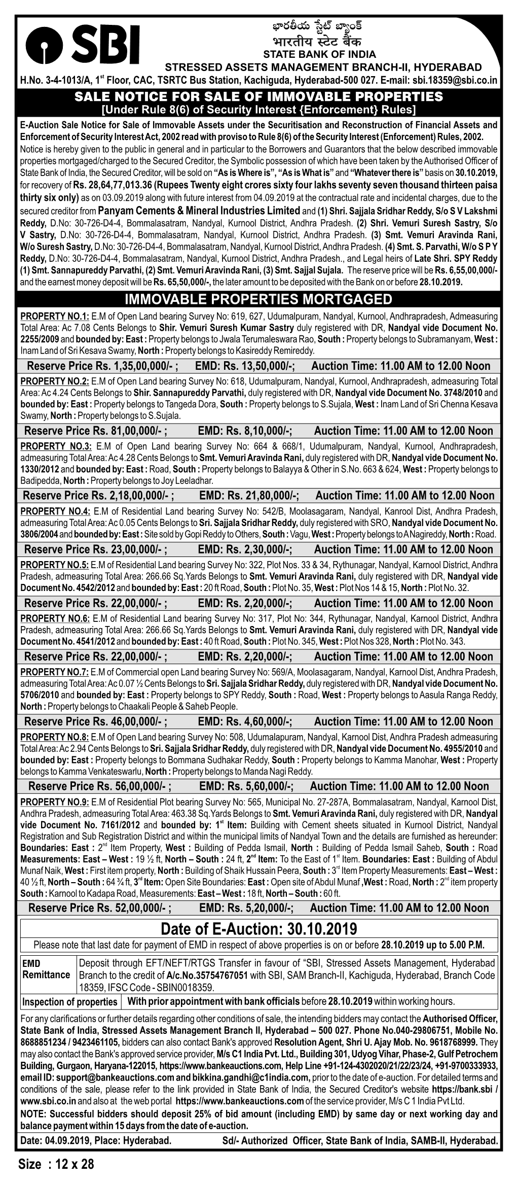 Date of E-Auction: 30.10.2019 Please Note That Last Date for Payment of EMD in Respect of Above Properties Is on Or Before 28.10.2019 up to 5.00 P.M