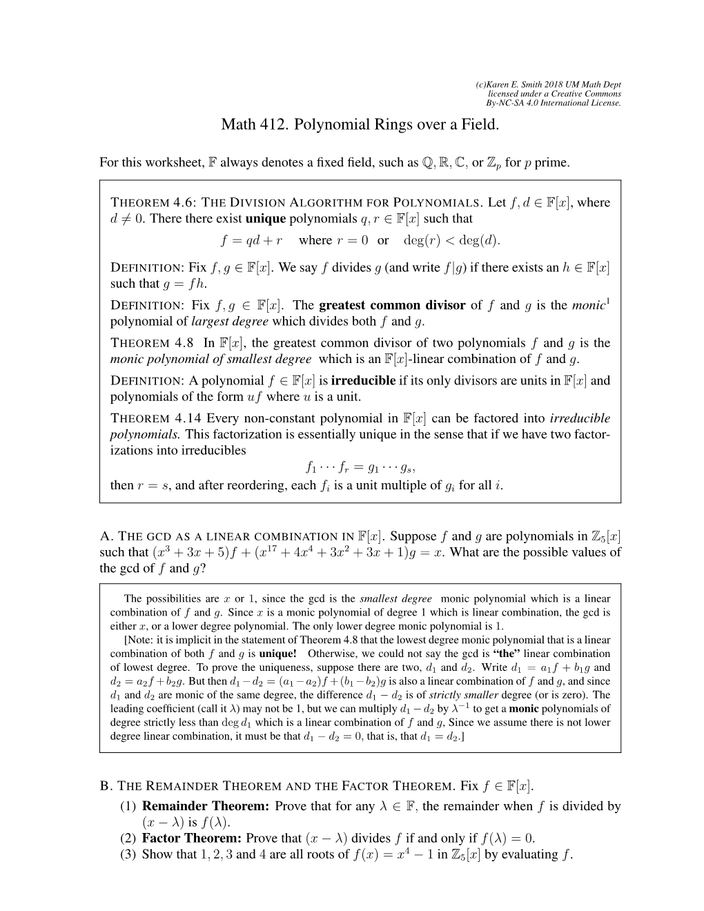 Math 412. Polynomial Rings Over a Field