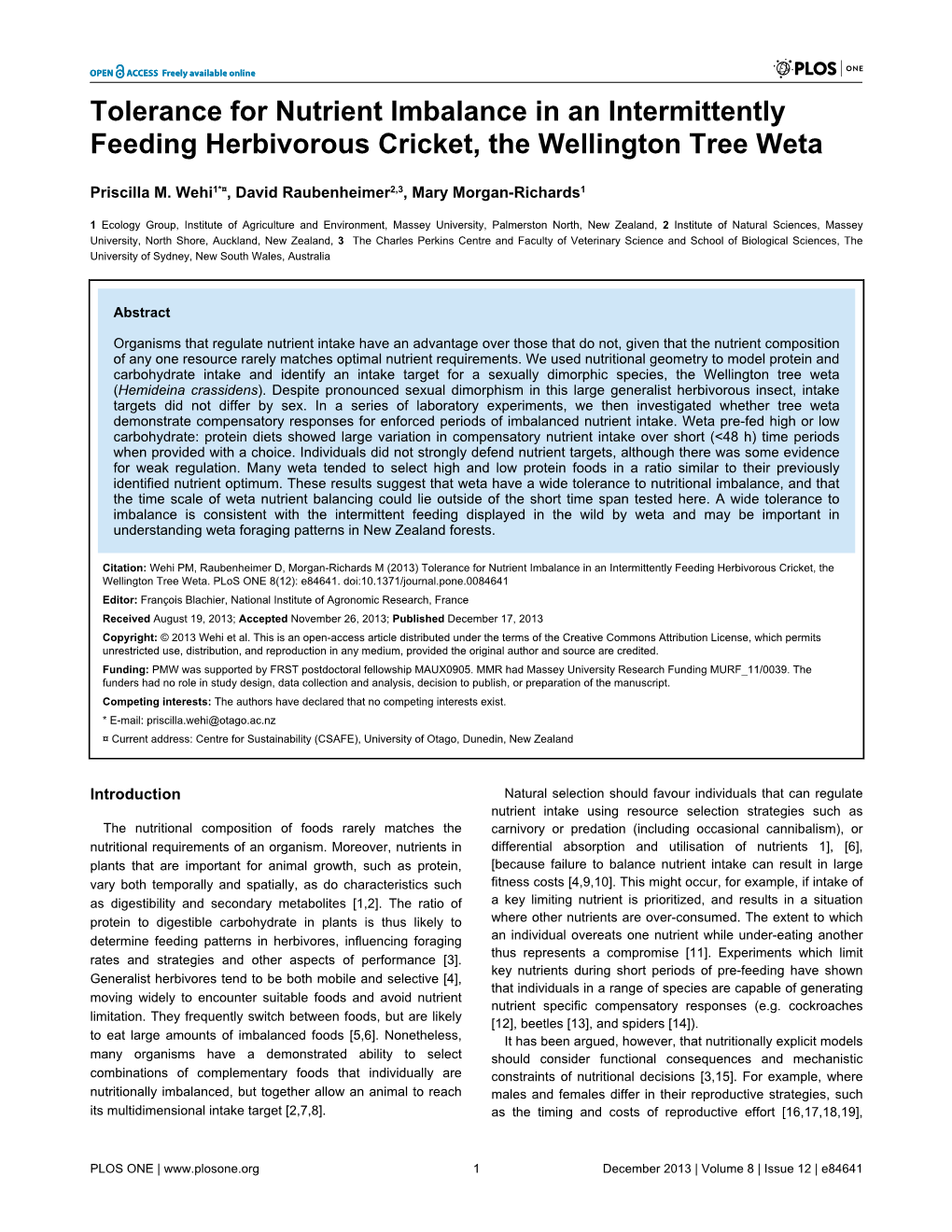 Tolerance for Nutrient Imbalance in an Intermittently Feeding Herbivorous Cricket, the Wellington Tree Weta