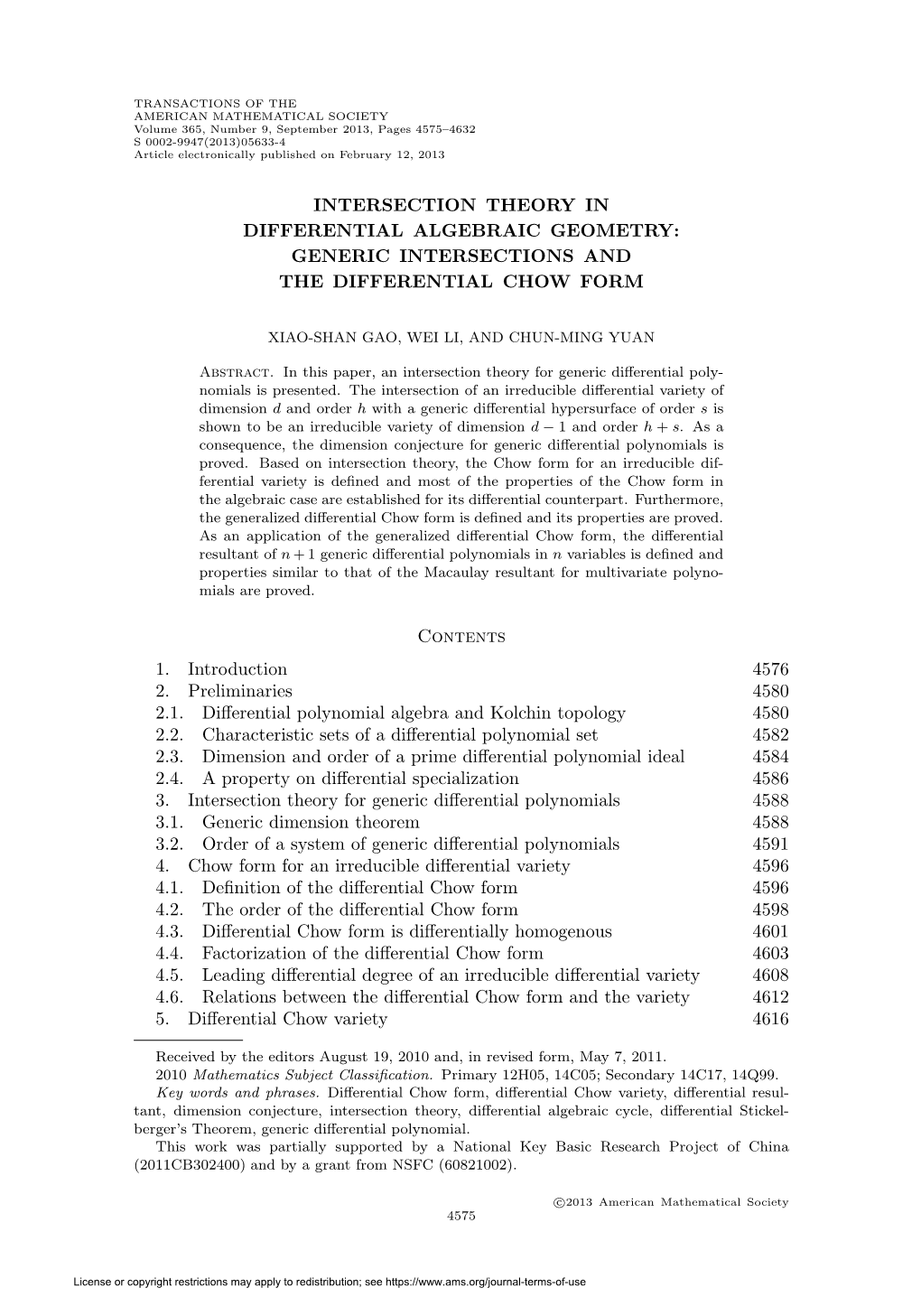 Intersection Theory in Differential Algebraic Geometry: Generic Intersections and the Differential Chow Form