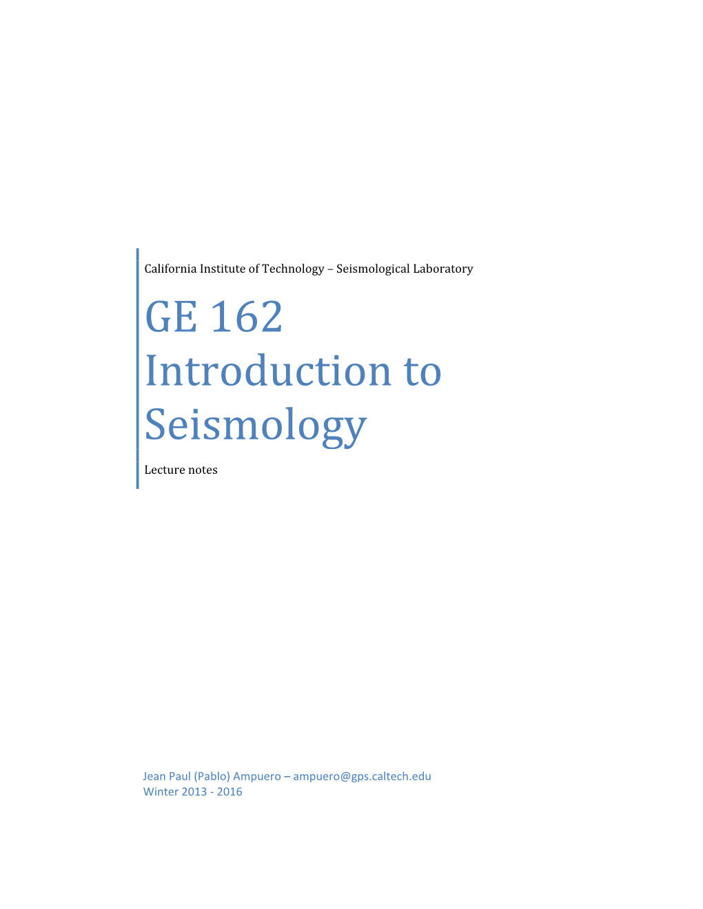 GE 162 Introduction to Seismology