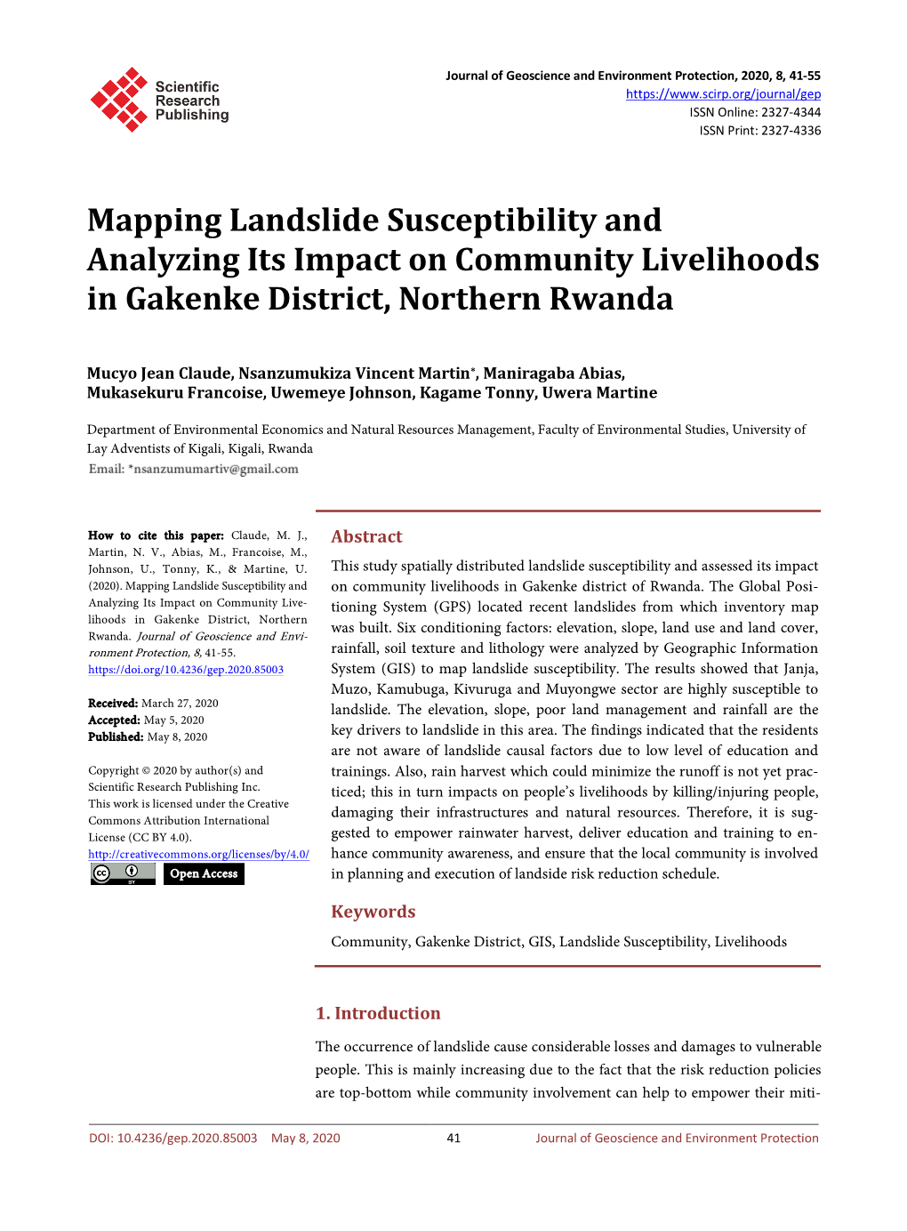 Mapping Landslide Susceptibility and Analyzing Its Impact on Community Livelihoods in Gakenke District, Northern Rwanda