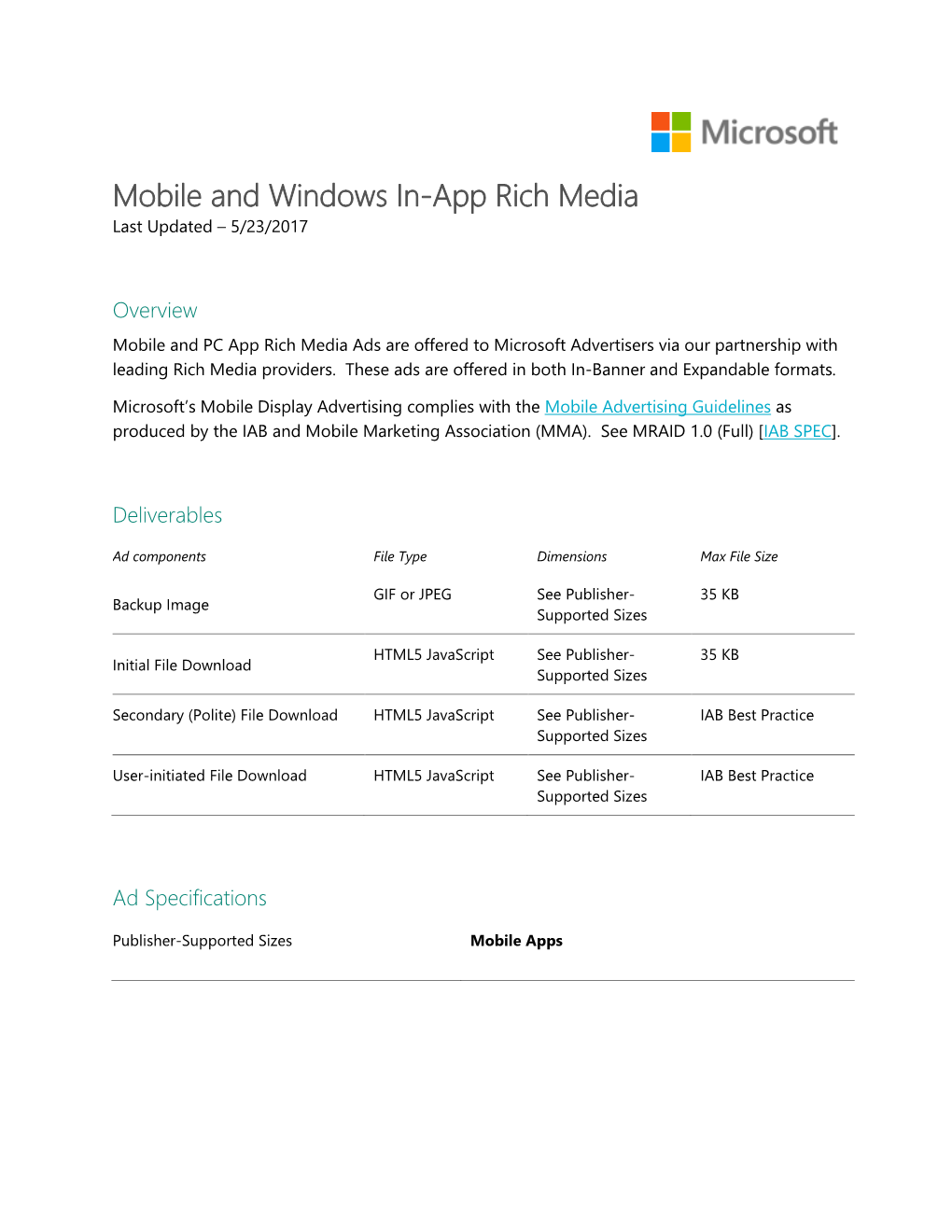 Mobile and Windows In-App Rich Media Last Updated – 5/23/2017