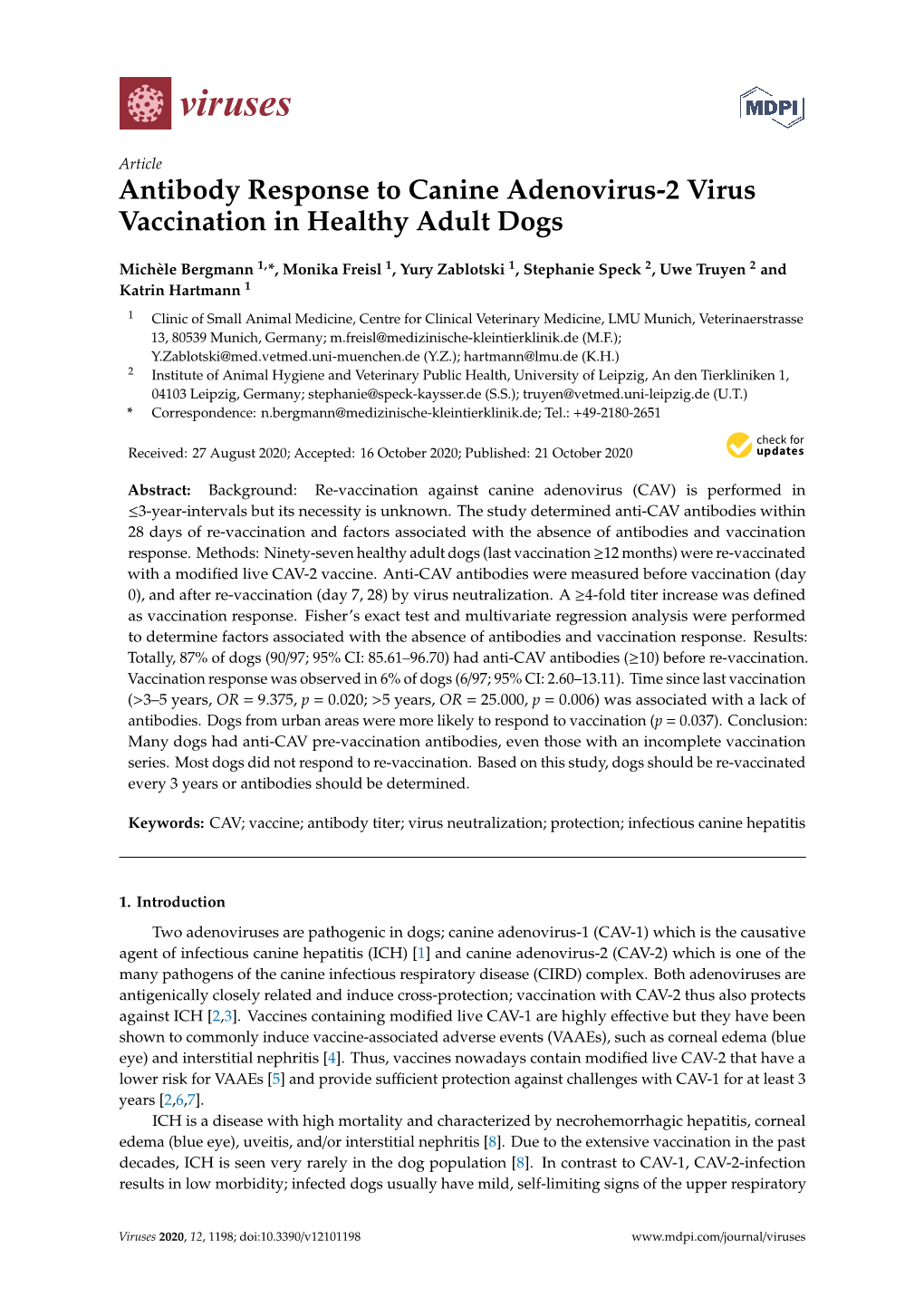 Antibody Response to Canine Adenovirus-2 Virus Vaccination in Healthy Adult Dogs