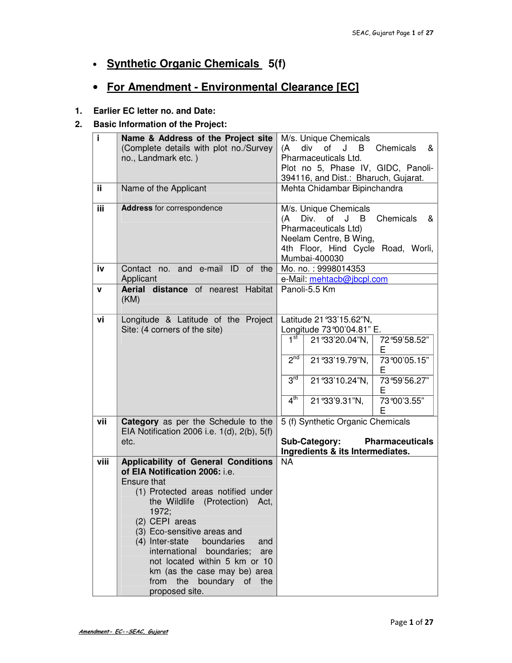 • Synthetic Organic Chemicals 5(F) • for Amendment