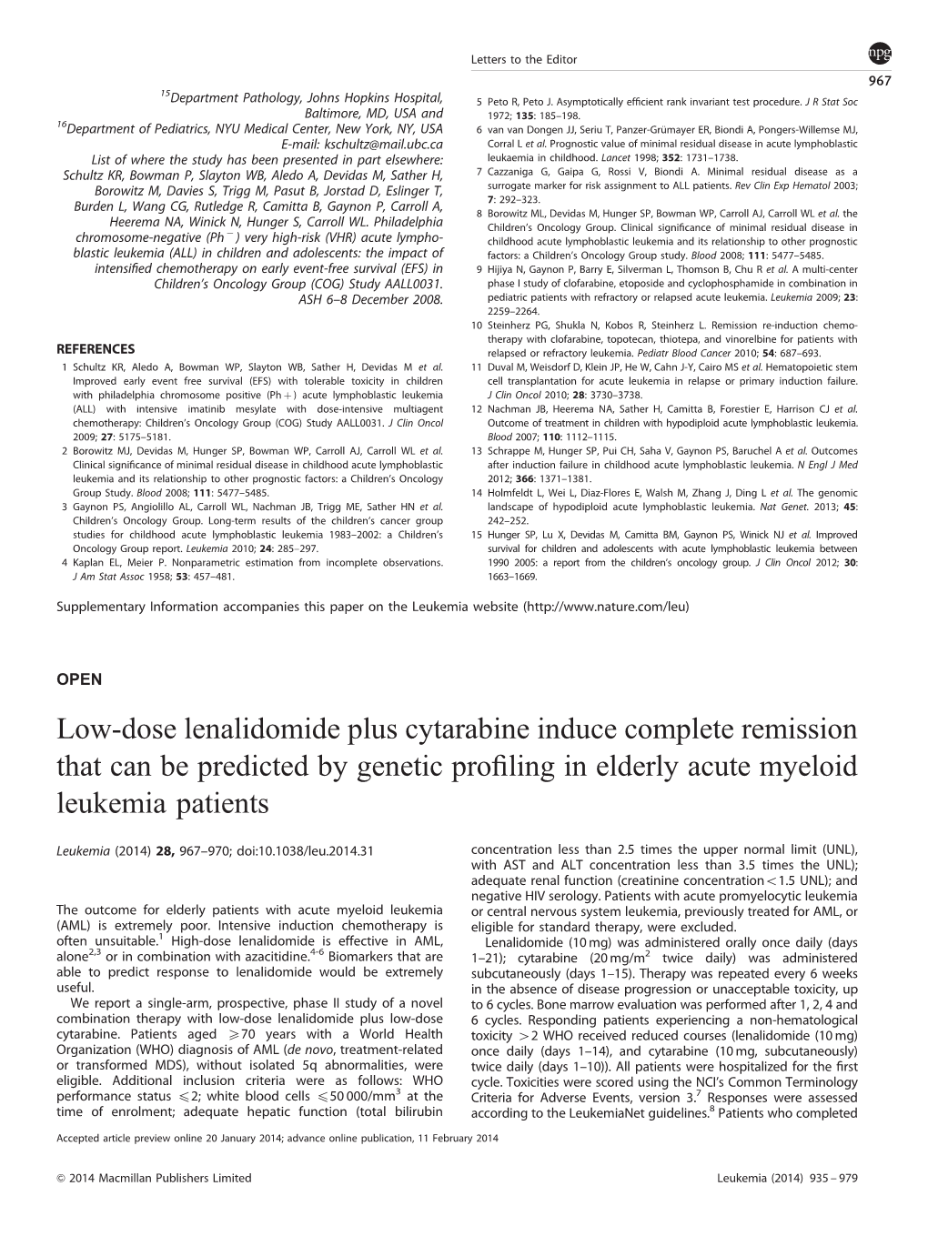 Low-Dose Lenalidomide Plus Cytarabine Induce Complete Remission That Can Be Predicted by Genetic Proﬁling in Elderly Acute Myeloid Leukemia Patients