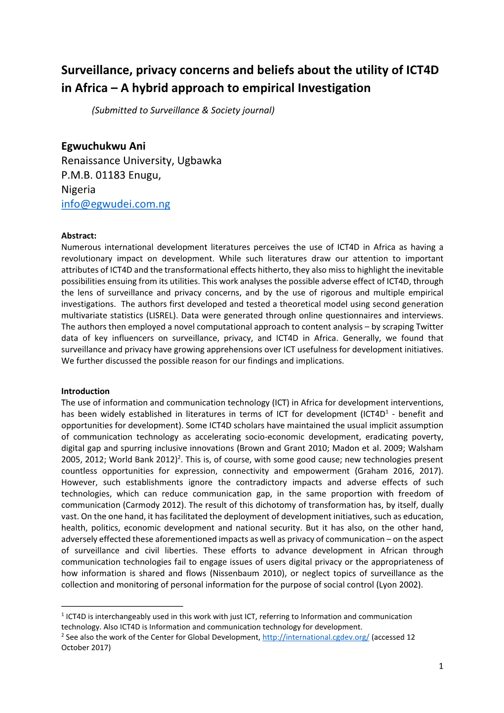 Surveillance, Privacy Concerns and Beliefs About the Utility of ICT4D in Africa – a Hybrid Approach to Empirical Investigation