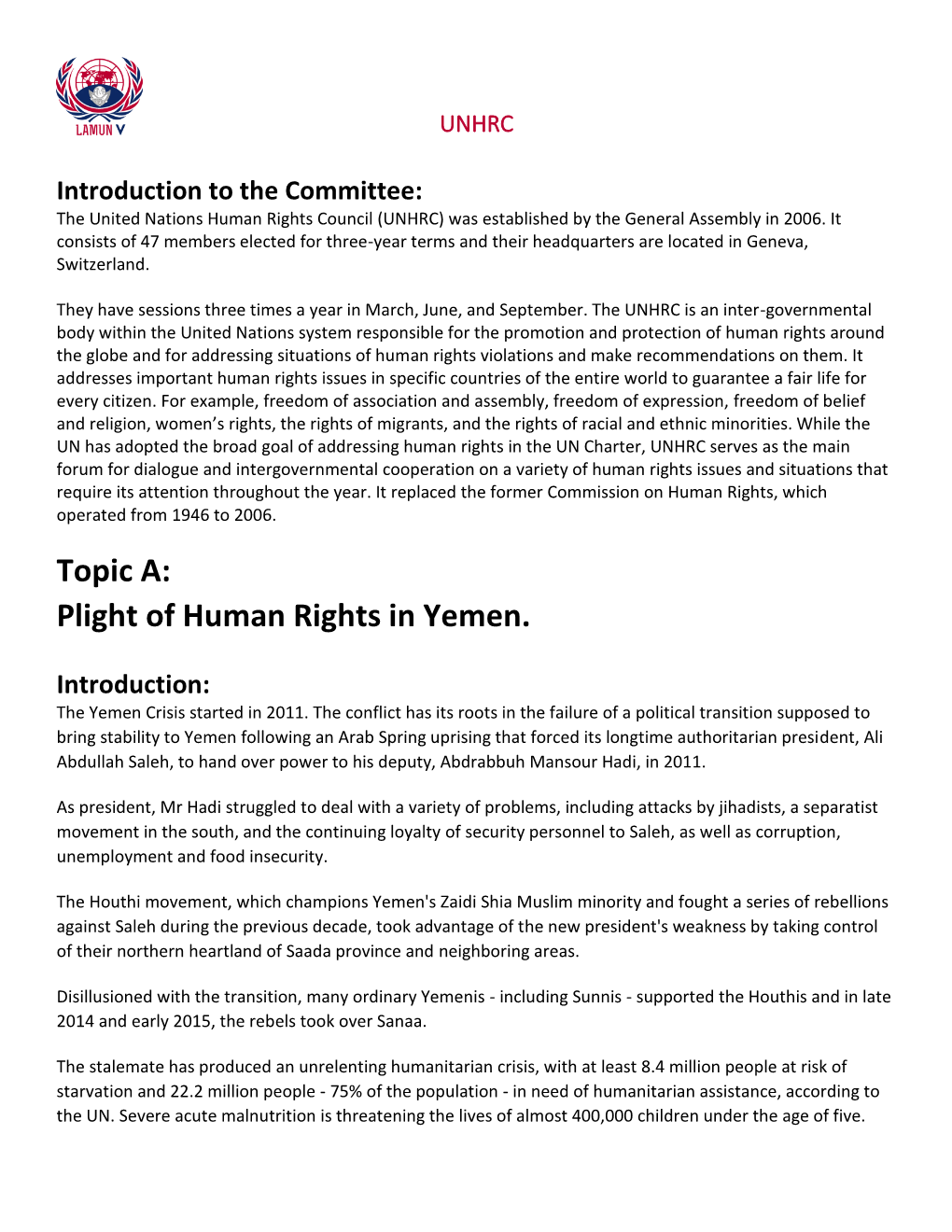 Topic A: Plight of Human Rights in Yemen