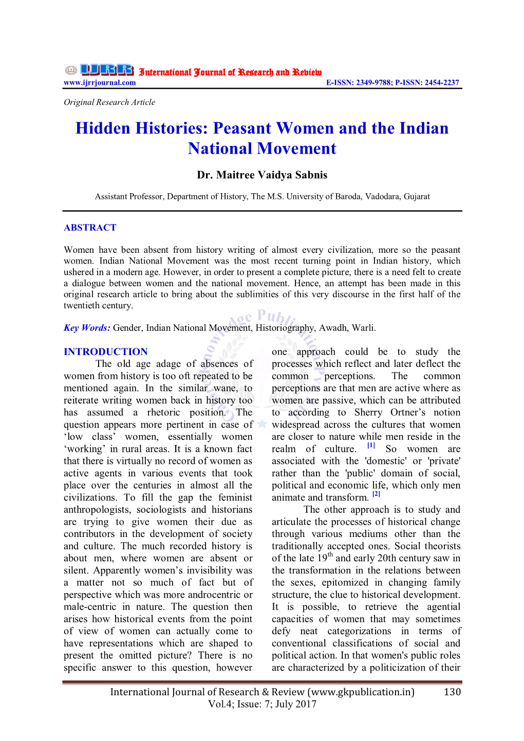 Hidden Histories: Peasant Women and the Indian National Movement